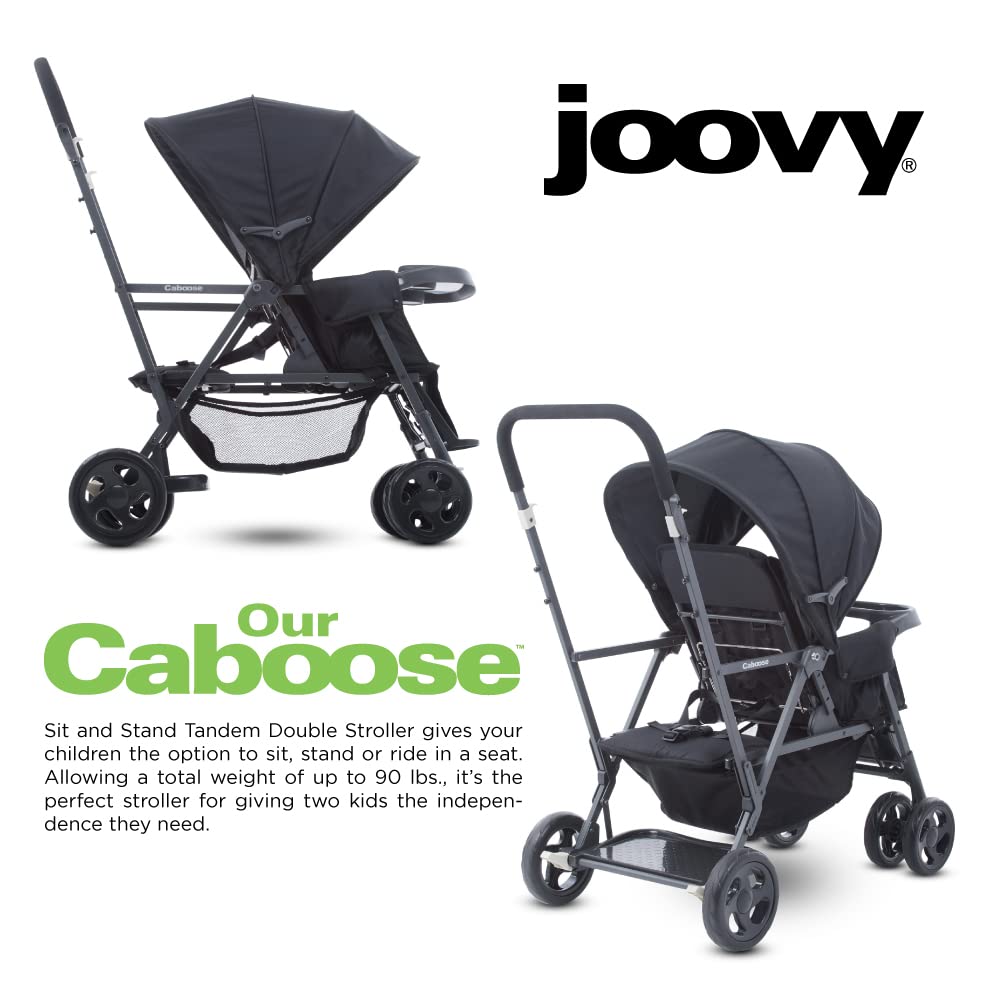 Joovy Caboose Sit and Stand Double Stroller - Black | 3-Way Reclining Seats, Rear Bench & Standing Platform | Universal Car Seat Adapter | Perfect for Twins, Siblings or Toddlers | Ideal for Shopping, Park Outings & Family Walks