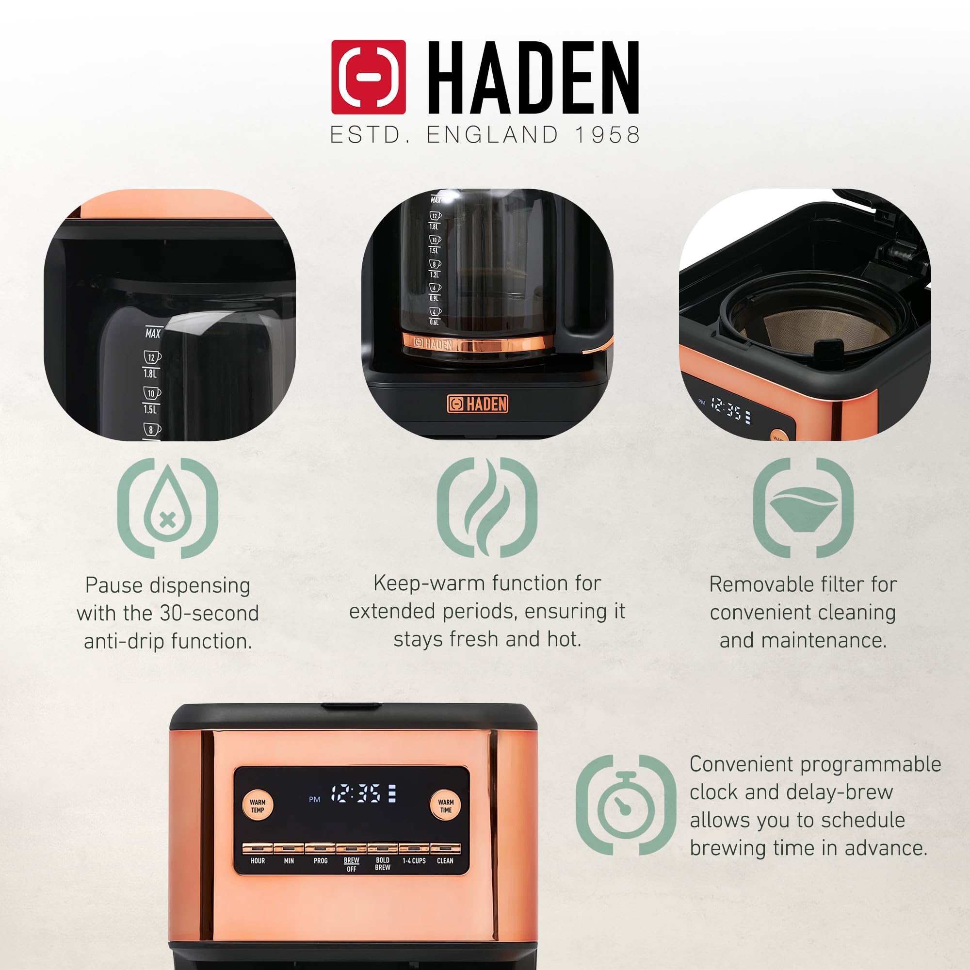 HADEN 14-Cup Programmable Coffee Maker with 120-Minute Keep Warm, Delay Brew & Adjustable Strength - Black/Copper - Perfect for Home, Office & Entertaining