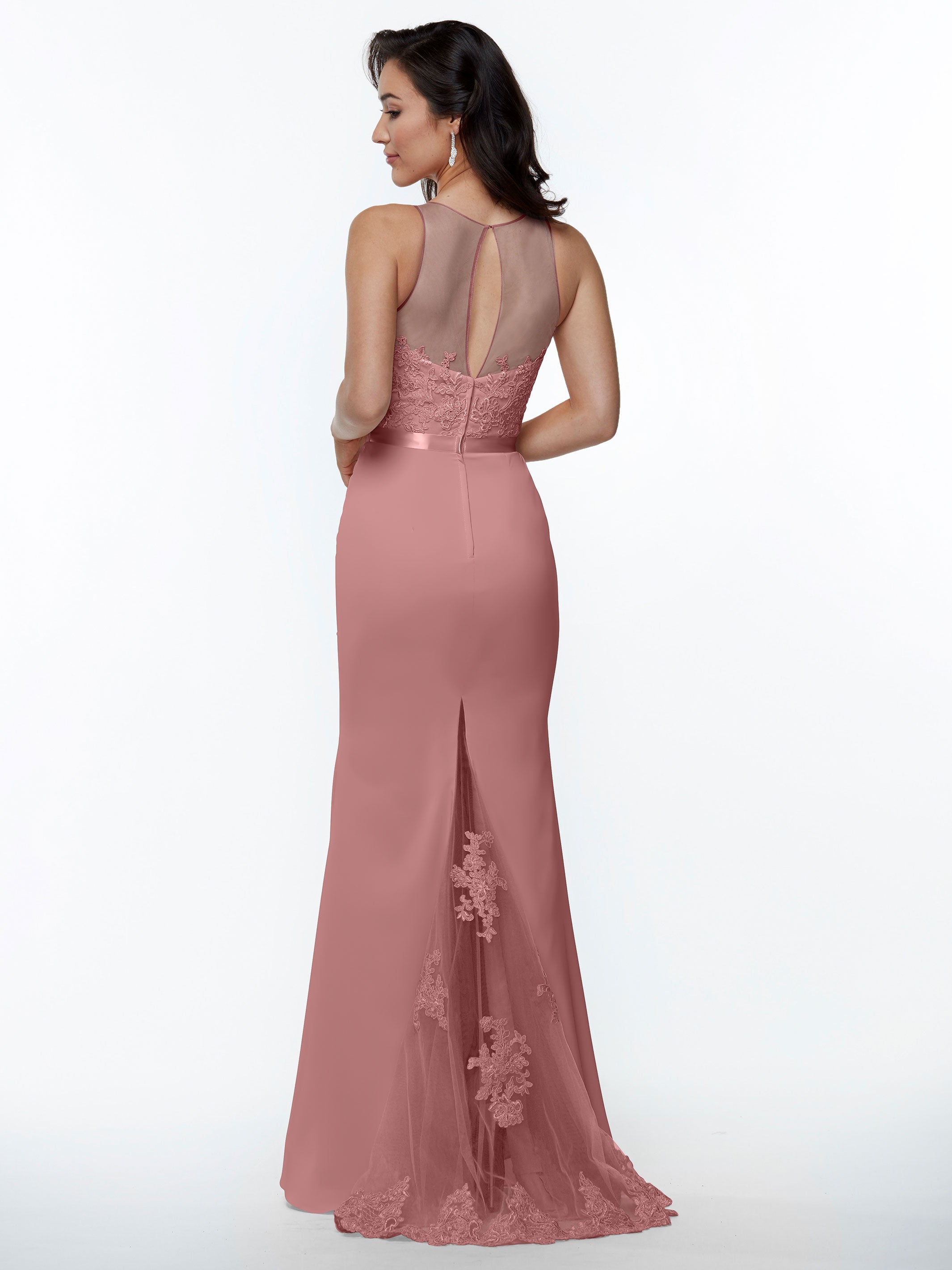 Elegant 80095 Stretch Chiffon Fit and Flare Bridesmaid Dress with Lace Illusion Bodice - Perfect for Weddings, Formal Events & Special Occasions