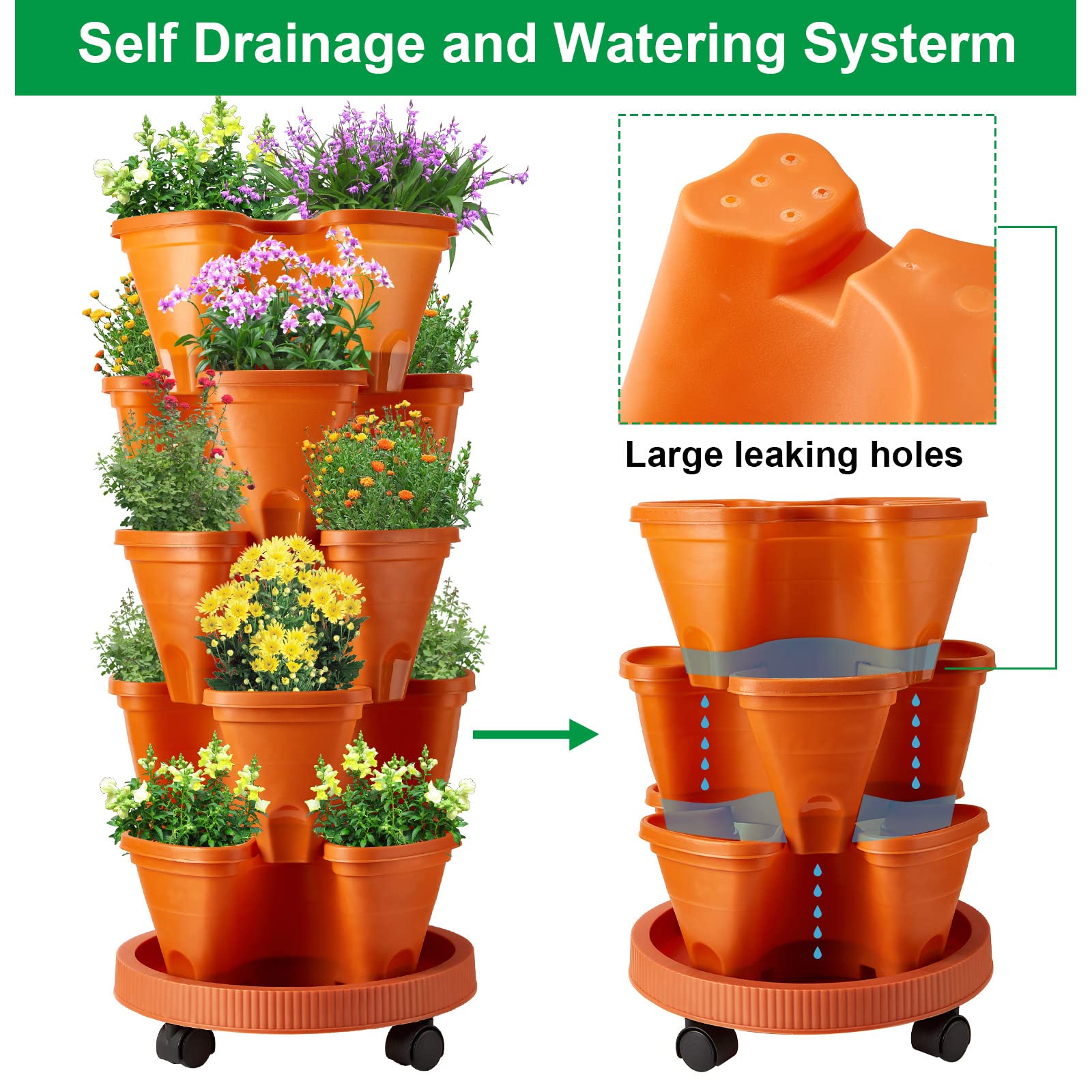 Umigy 2-Pack 5-Tier Stackable Vertical Garden Planters for Strawberries, Herbs, Flowers & Vegetables - Indoor/Outdoor Gardening Pots with Removable Wheels & Drainage Holes (Terracotta) - Perfect for Balcony, Patio, Small Space Gardening & Urban Farming