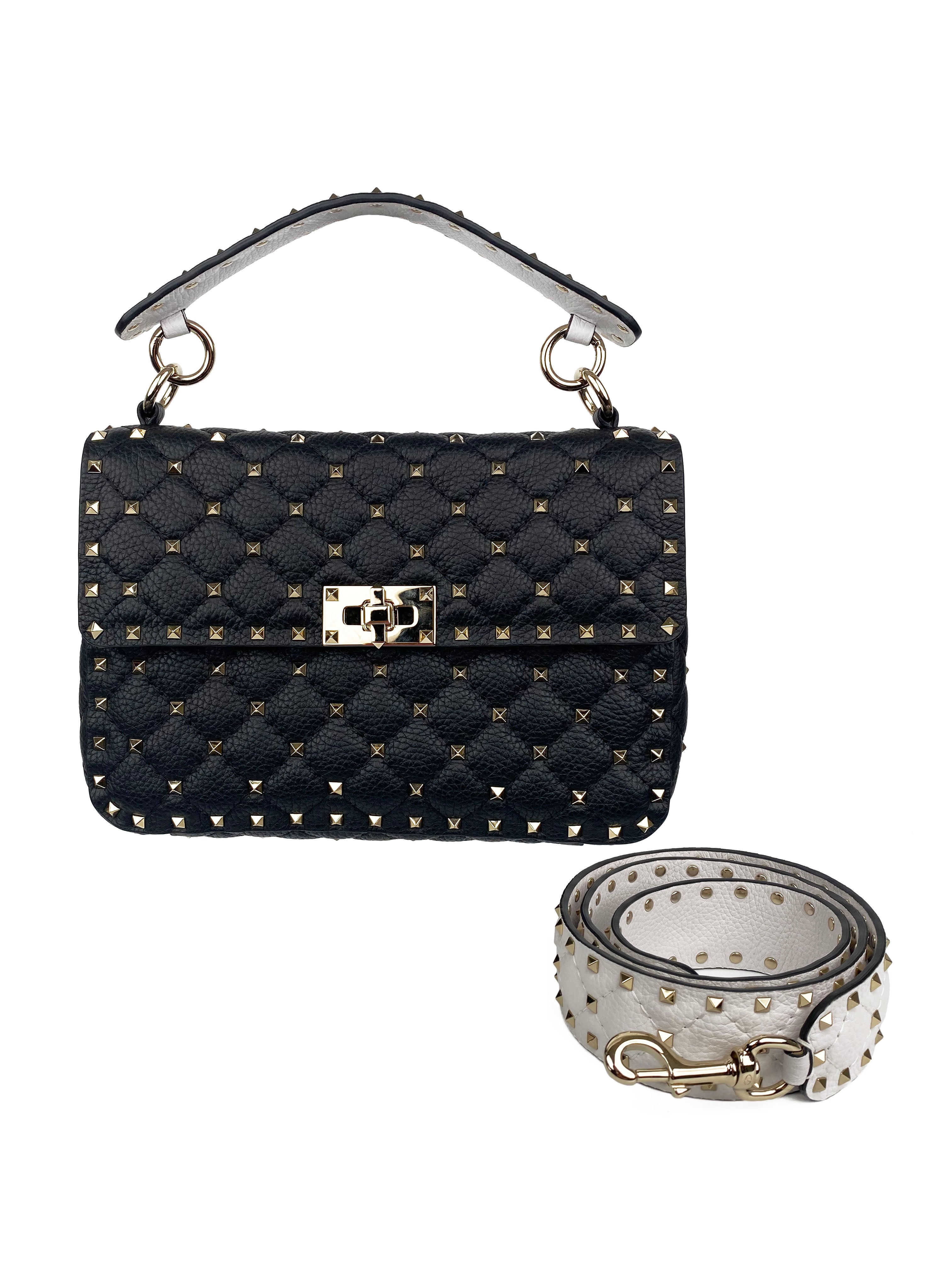 Valentino Rockstud Black & White Leather Shoulder Bag - Stylish Designer Handbag for Women, Perfect for Parties, Date Nights & Everyday Fashion Accessory