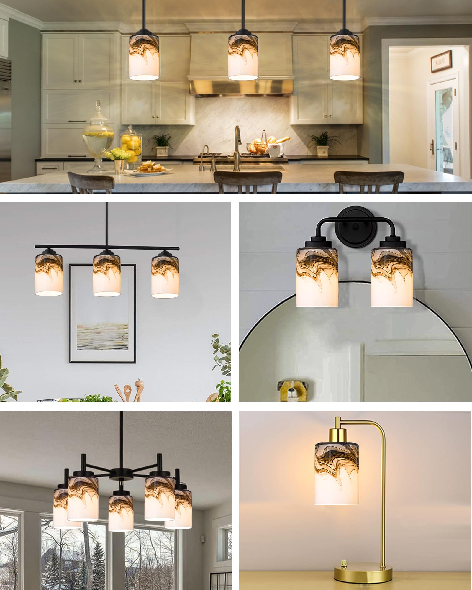 4-Pack Cylinder Glass Lamp Shades - 1.65in Fitter for Pendant Lights, Wall Sconces, Vanity & Ceiling Fan Lights - Decorative Grey Marble Blown Art Glass Replacement Shades (Perfect for Bedroom, Living Room & Dining Room Lighting)