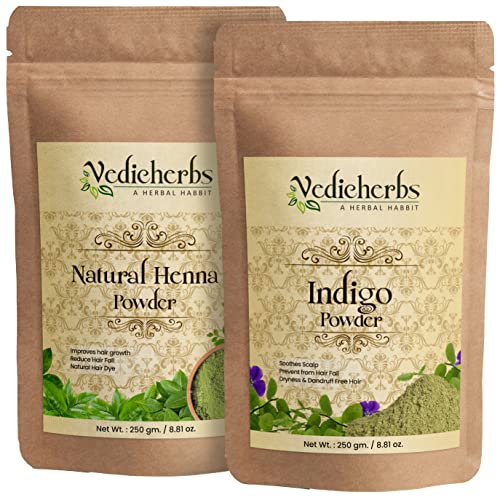 Vedicherbs Henna & Indigo Powder Hair Pack - 100% Natural Hair Growth Treatment for Black & Shiny Hair | Conditioning & Hair Fall Protection | Combo Pack for Men & Women (500g) | Perfect for At-Home Hair Care & Natural Hair Coloring
