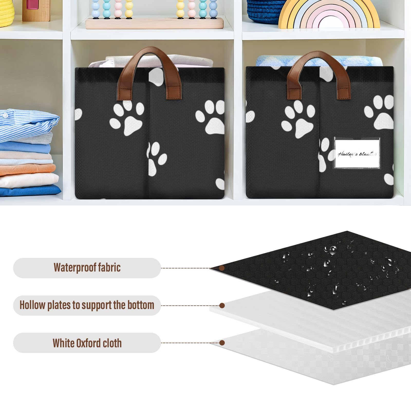 Emelivor Black Foldable Storage Bins with Dog Paw Prints - Rectangular Organizing Baskets for Shelves, Nursery & Closet - Decorative Home Storage Box with Handles | Perfect for Pet Supplies, Baby Items & Wardrobe Organization