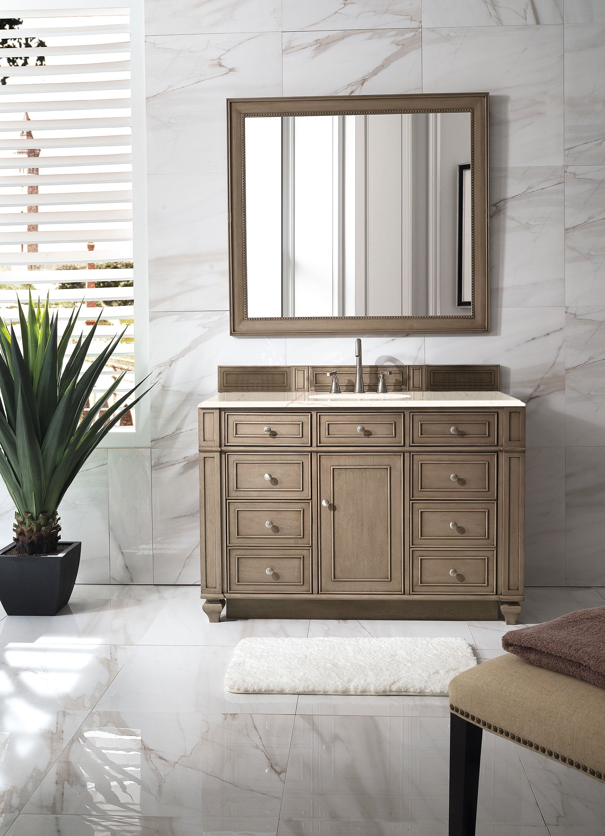 Bristol 48 Inch Single Bathroom Vanity Set with Whitewashed Walnut Finish & 3CM Eternal Marfil Quartz Countertop - Perfect for Modern Farmhouse, Coastal, or Transitional Bathroom Designs
