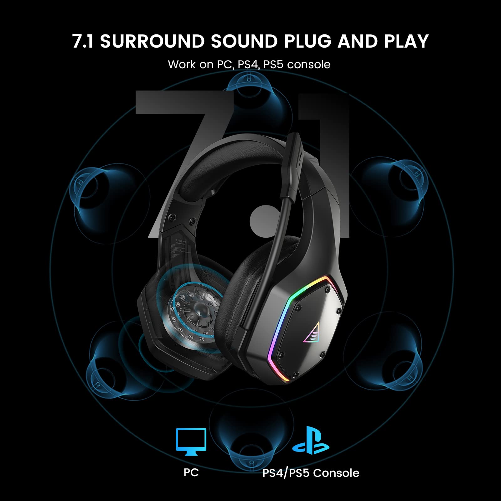 EKSA Wireless Gaming Headset for PS4, PS5, PC - 7.1 Surround Sound with Noise Cancelling Mic, RGB Lighting & 36H Battery Life - 2.4G USB & 3.5mm Jack Compatible with Computer, Laptop - Perfect for Competitive Gaming, Streaming & Online Meetings