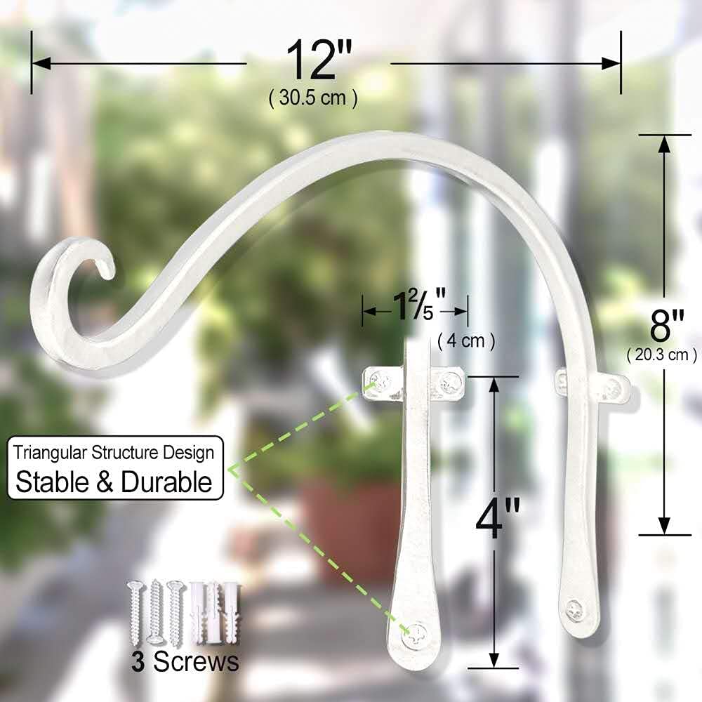 12-Inch White Rust-Resistant Plant Hanger Hooks for Wall - Indoor/Outdoor Hanging Flower Basket Brackets - Perfect for Balcony, Garden, Patio & Home Decor