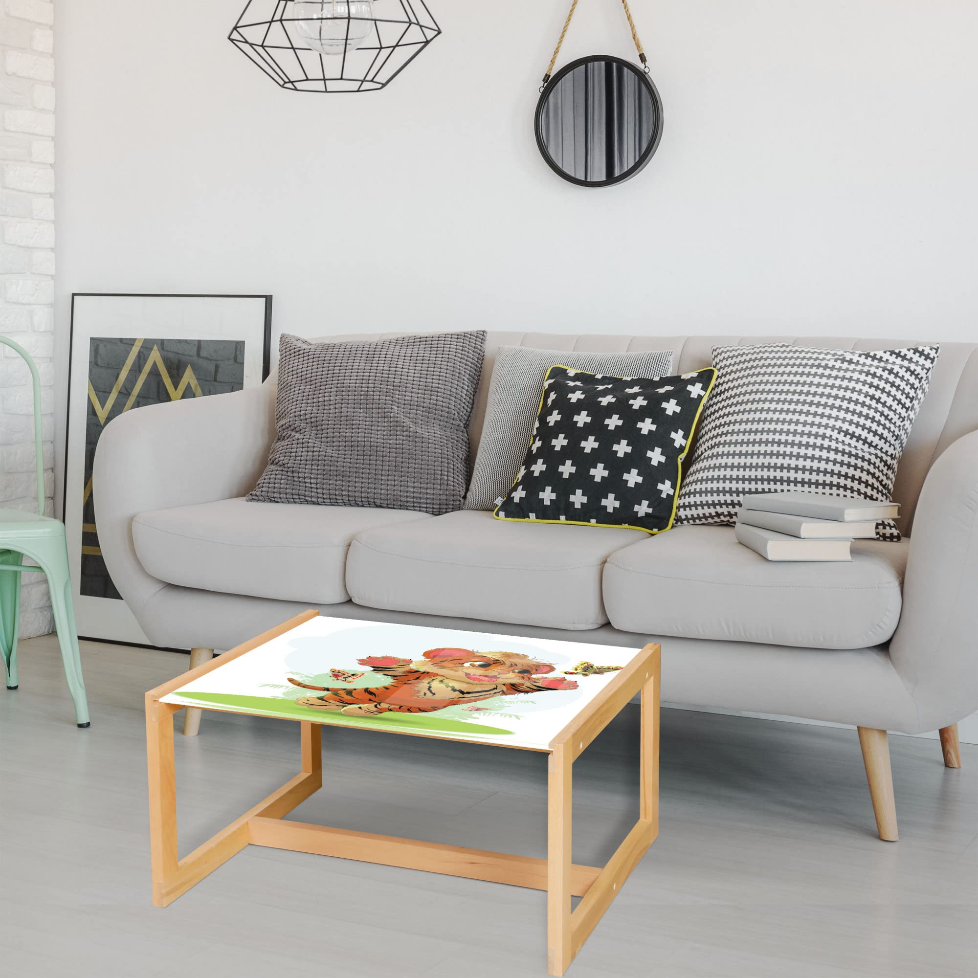 Playful Tiger Cat Coffee Table - Wooden Frame, Acrylic Glass Top for Office & Dorm Decor