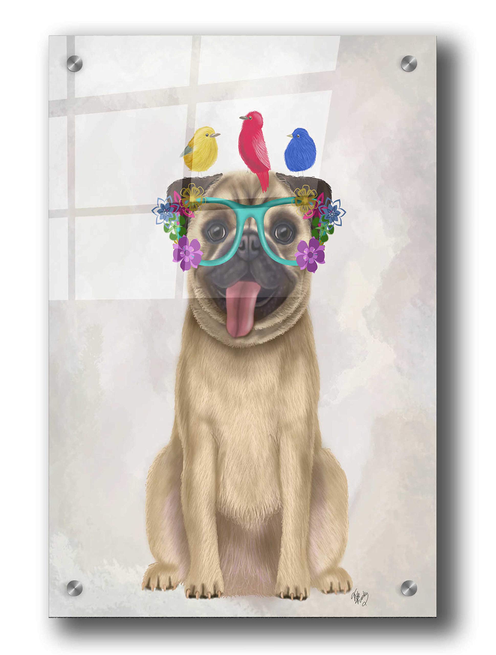 Fab Funky 'Pug and Flower Glasses' Acrylic Wall Art - 24x36 Inch Modern Dog Painting - Perfect for Living Room, Bedroom & Office Decor