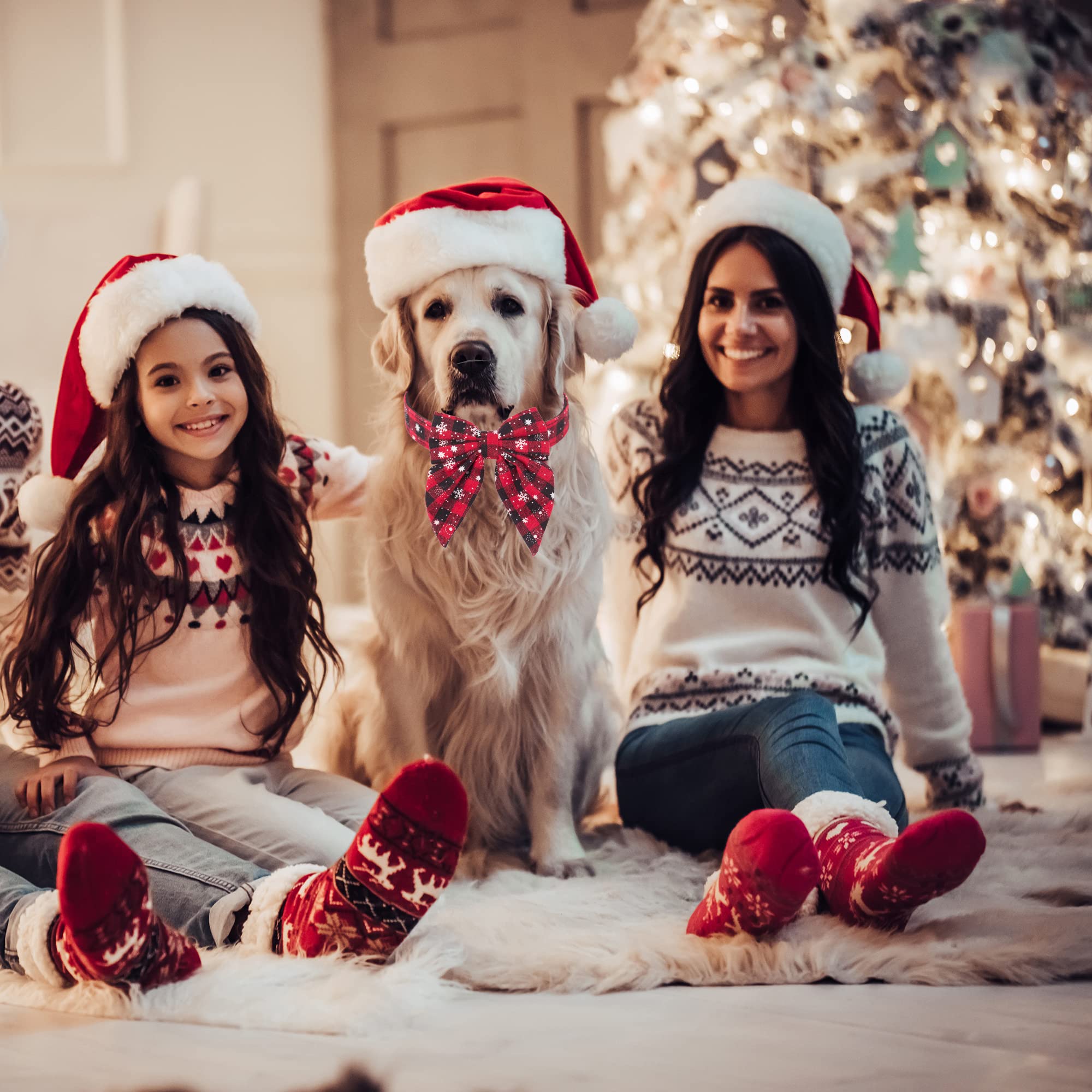 ADOGGYGO Adjustable Christmas Dog Collar with Red Bow - Festive Cotton Bowtie Pet Collar for Small Dogs (Black & Red) - Perfect for Holiday Photos & Christmas Parties