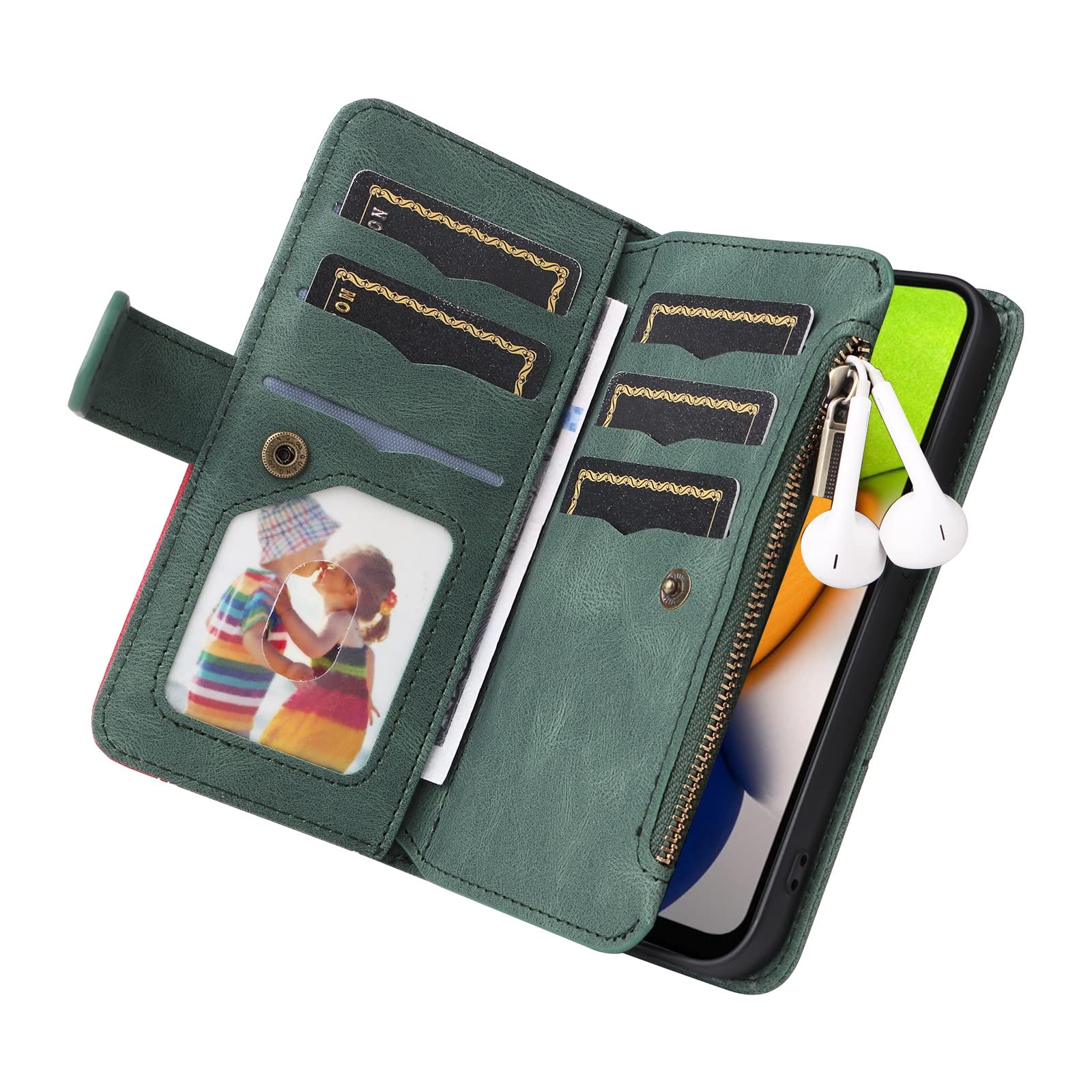Samsung Galaxy A03 Wallet Phone Case - 9 Card Slots with Zipper Closure, Wrist Strap & Protective Flip Cover (Green) - Perfect for Daily Use, Travel & Hands-Free Convenience