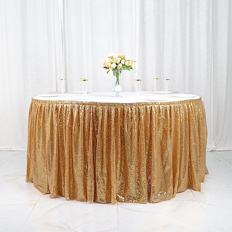 17 ft Sequin Pleated Satin Table Skirt with Closure Strips - Elegant Party Decor for Weddings, Banquets & Special Events