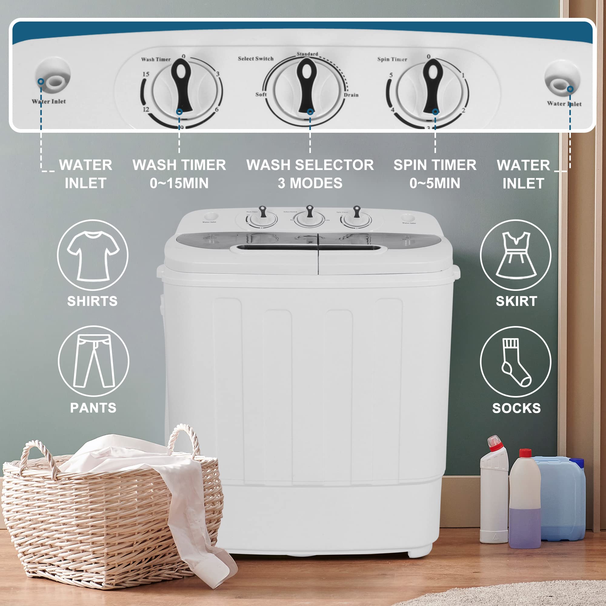 Portable 13lbs Mini Twin Tub Washing Machine with Dryer - Compact Washer & Spin Dryer Combo for Apartments, Dorms, RVs, Camping - Perfect for Small Spaces, Travel & Laundry Room Use