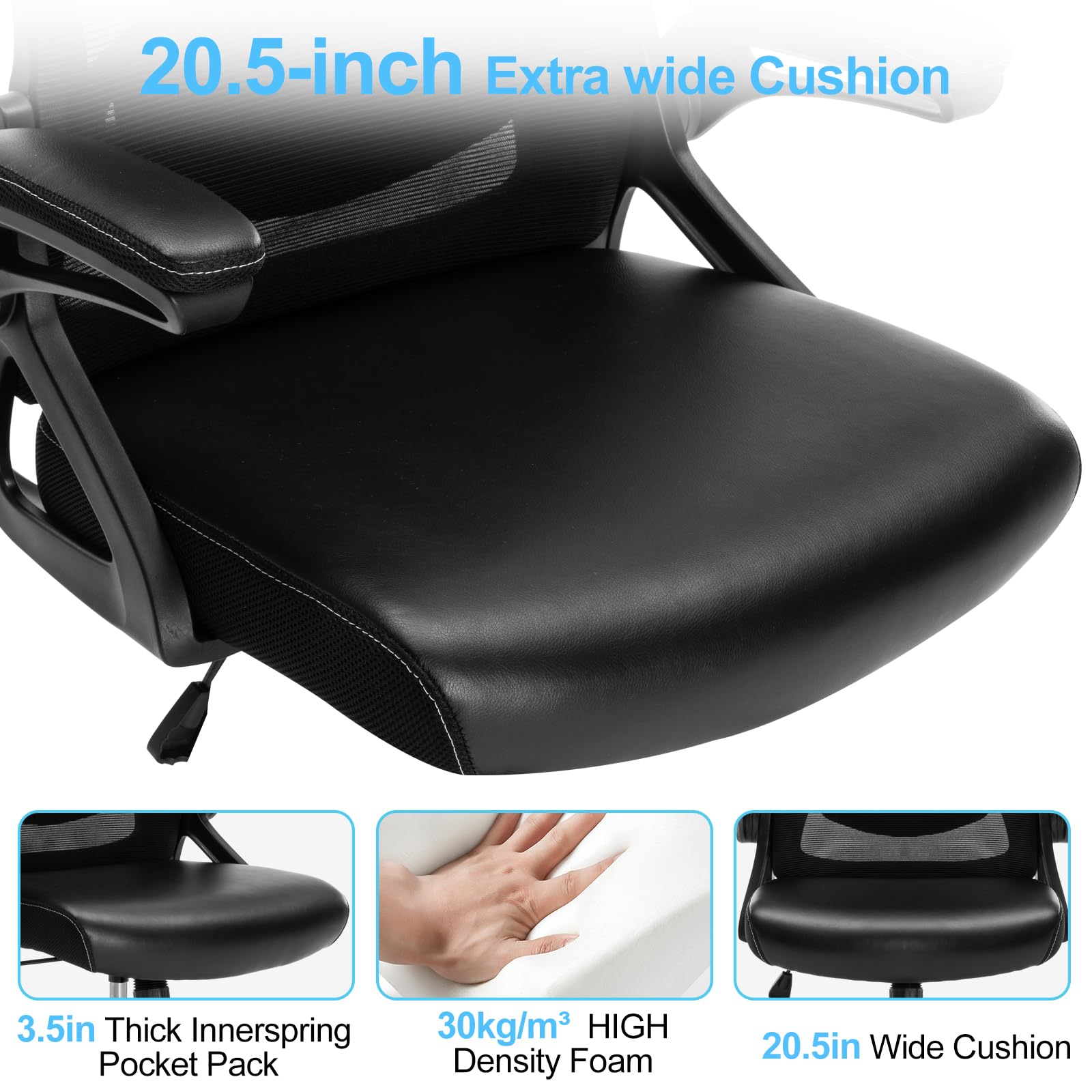 Ergonomic Office Chair with Adjustable Lumbar Support - High Back Mesh Desk Chair with Blade Wheels for Home Office - Perfect for Long Hours of Comfortable Work and Video Conferencing
