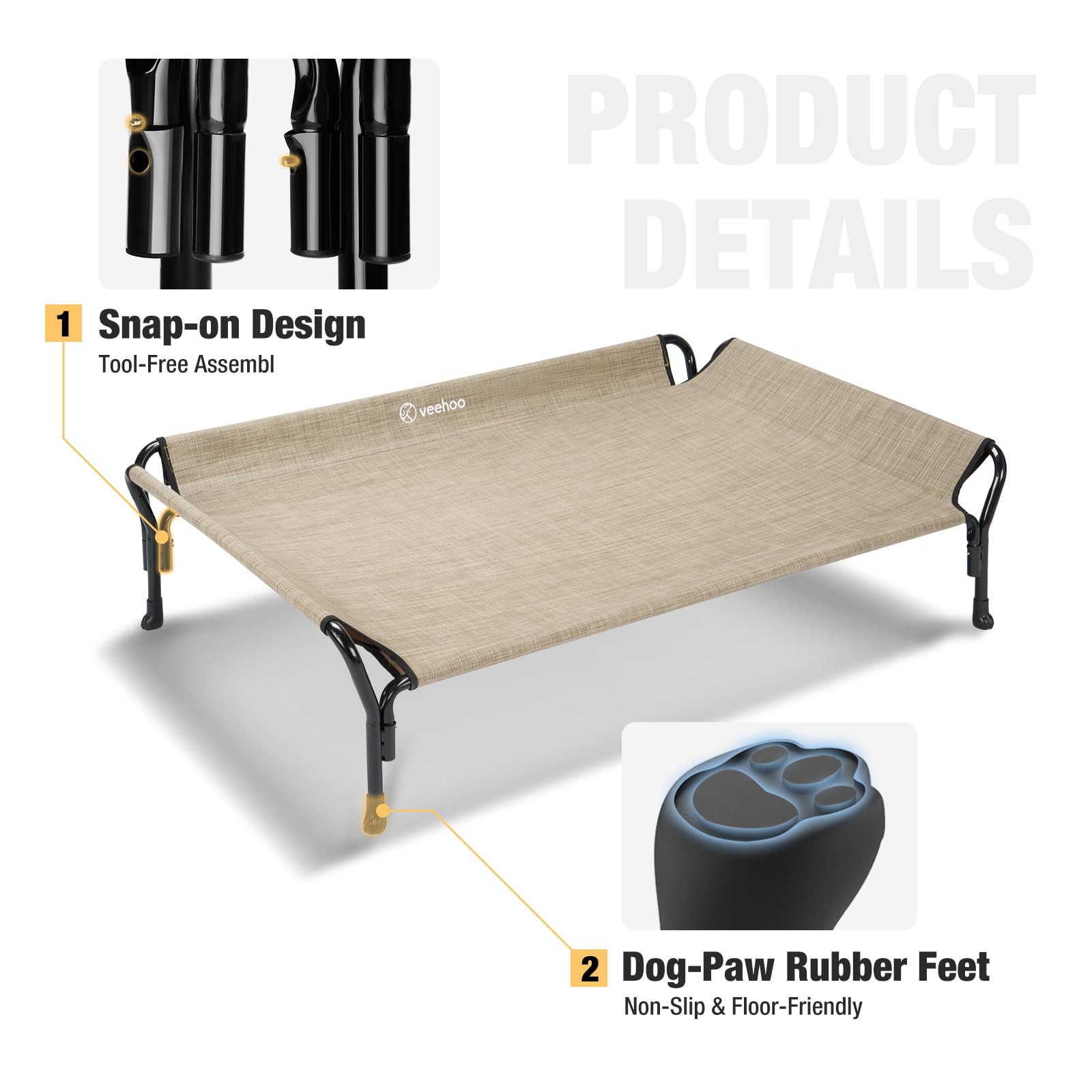 Veehoo Cooling Elevated Dog Bed for Large Dogs - Breathable Teslin Mesh, Durable Raised Cot with Guardrail & Slope Headrest - Indoor/Outdoor Dog Sofa Bed (Large, Beige Coffee) | Perfect for Backyard, Patio & Home Use