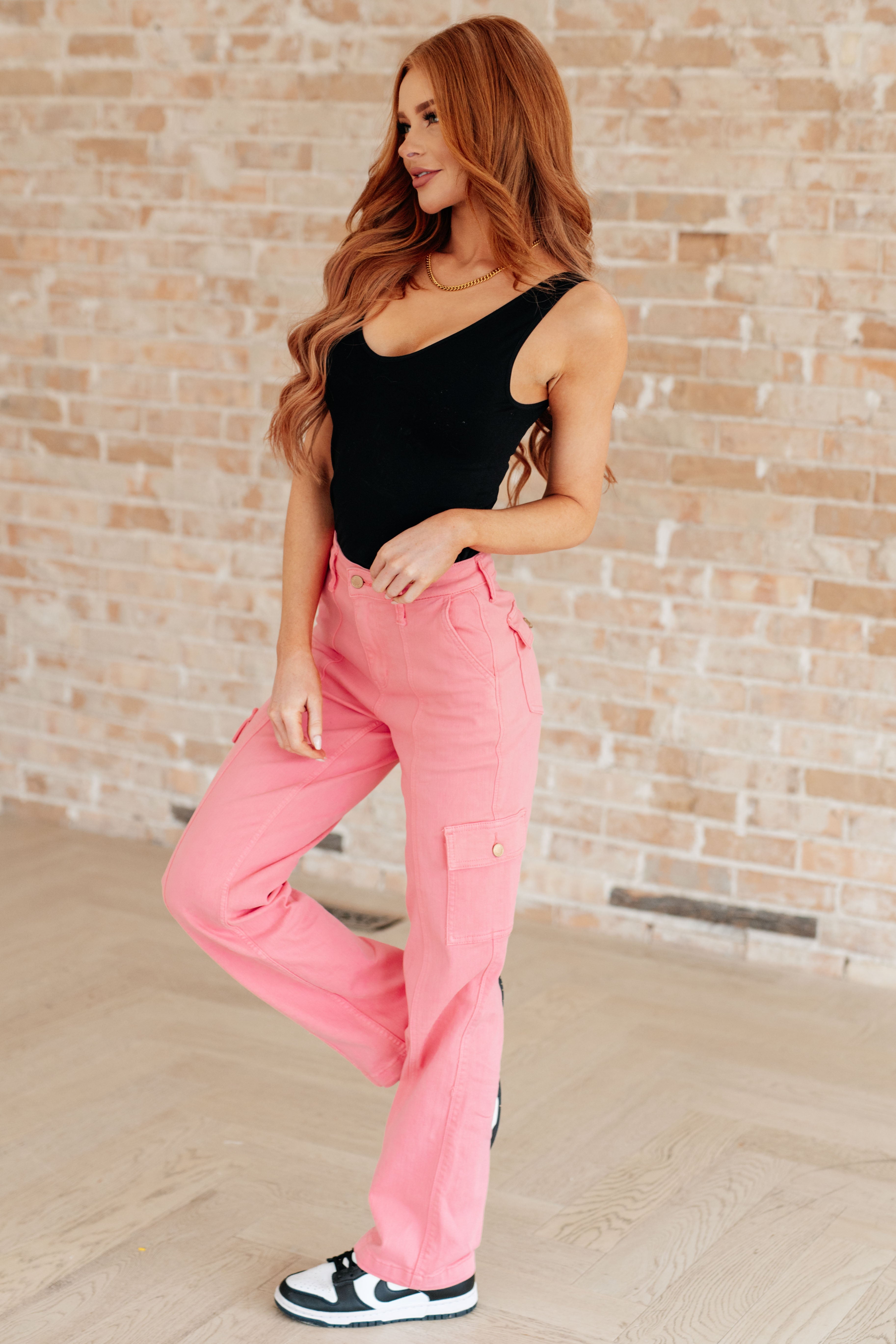 Peggy High Rise Cargo Straight Jeans for Women - Pink Denim Pants with Pockets | Casual Streetwear, Workwear & Everyday Fashion Outfits