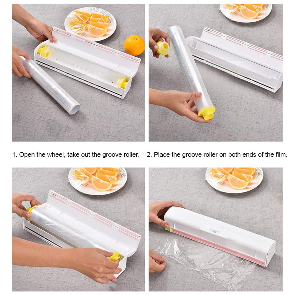Aluminum Food Wrap Dispenser with Stainless Steel Blade - Refillable Plastic Cling Film Cutter for Kitchen, Cooking & Food Storage | Perfect for Meal Prep, Leftovers & Sandwich Wrapping
