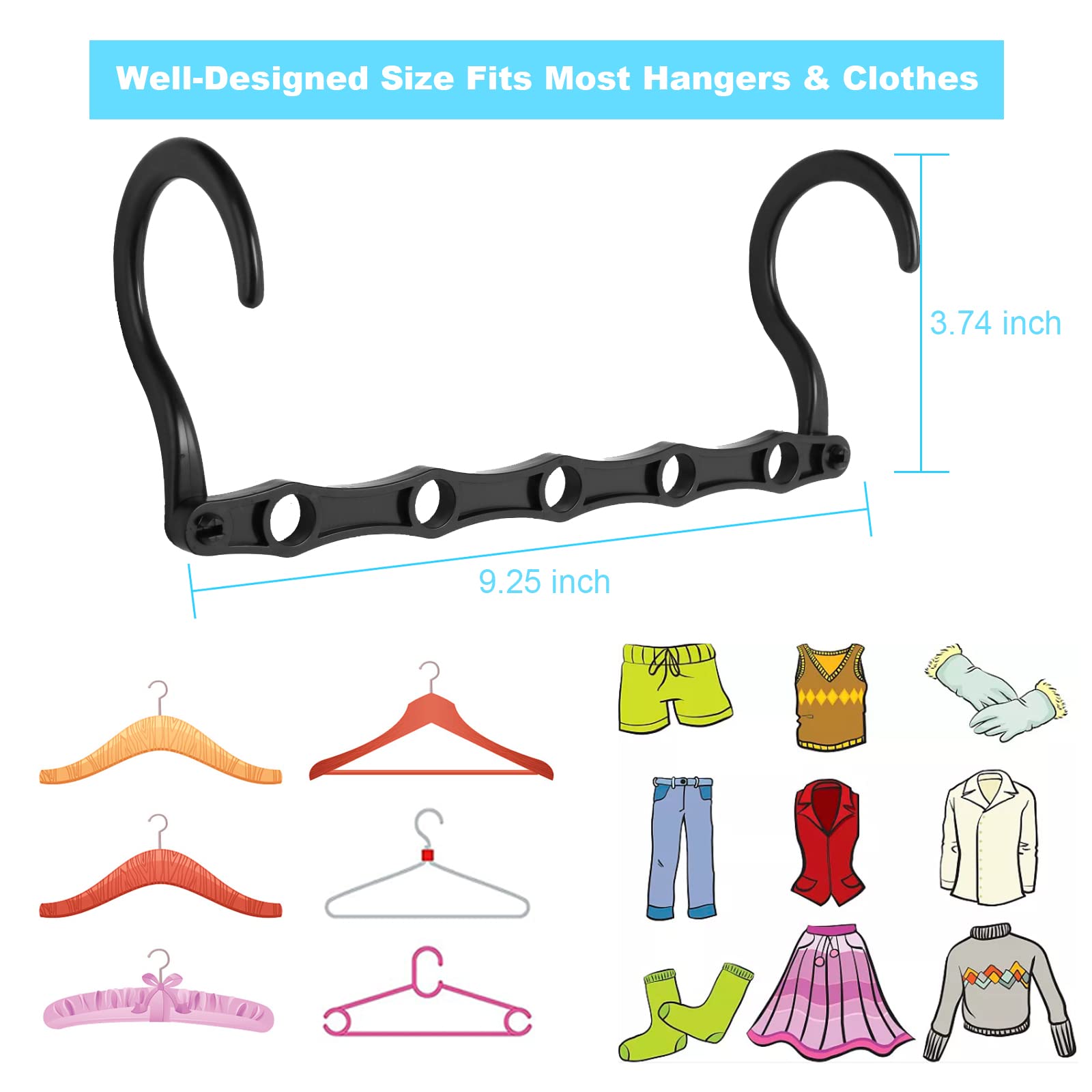 10-Pack Space Saving Hangers - 5-Hole Magic Closet Organizers | Heavy Duty Plastic Clothes Hangers for Wardrobe Storage | Perfect for College Dorm, Home Organization & Travel (Black)