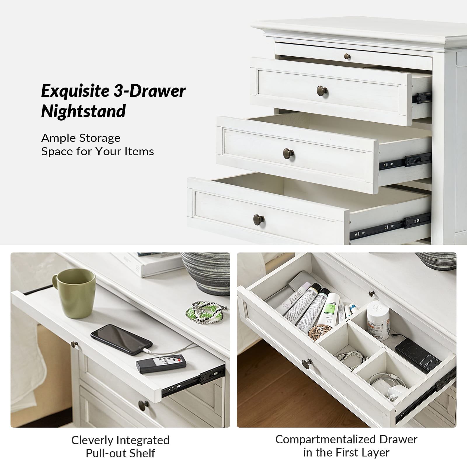 Galatea 3-Drawer Nightstand with USB Charging Ports & Power Outlets - Modern Bedside Table with Storage for Bedroom, Living Room or Office