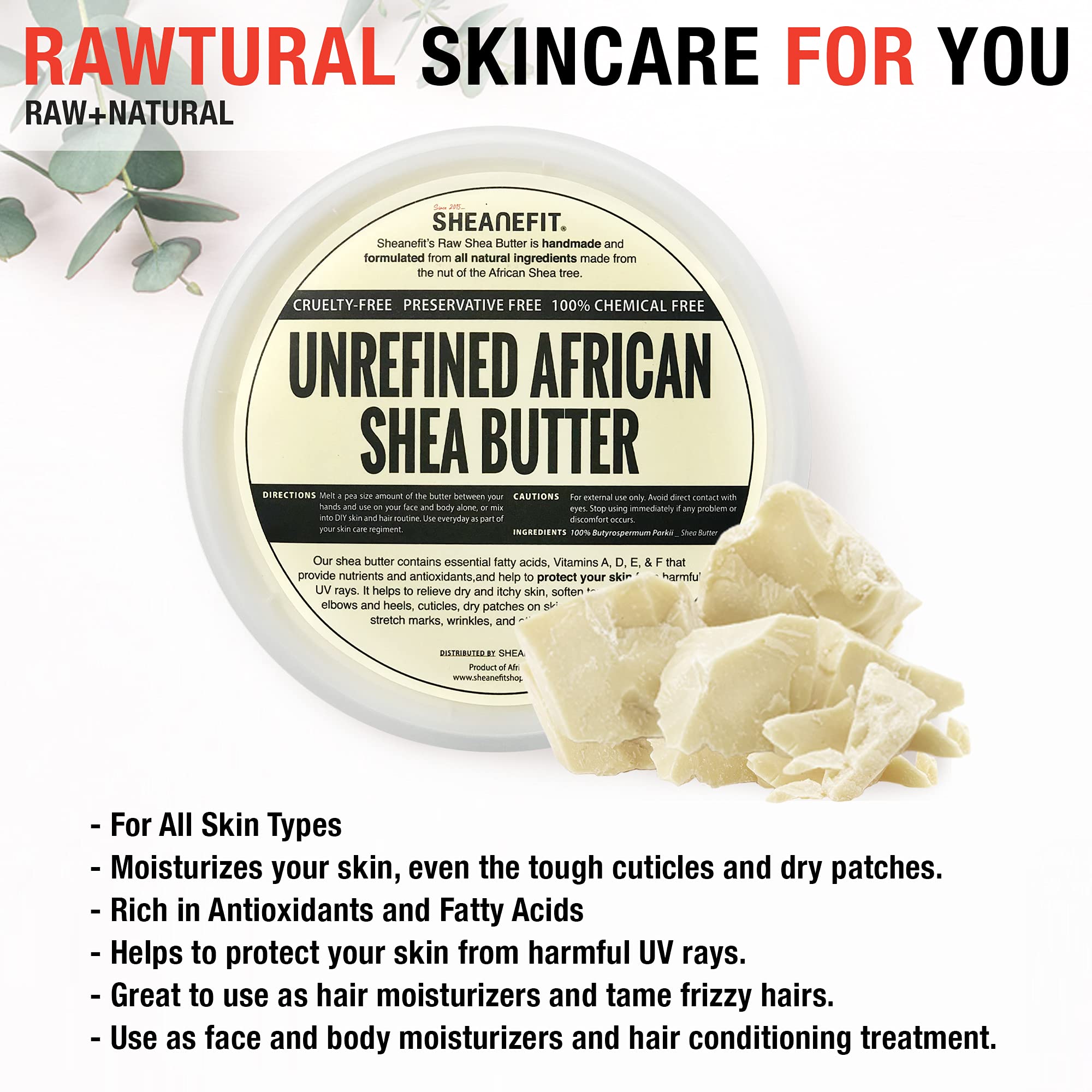 Organic Raw Unrefined African Shea Butter - 100% Natural Body Butter for Face & Skin - Deep Moisturizing Cream for Dry Skin, Hair Care, Eczema - 16oz Ivory Shea Butter - Perfect for DIY Beauty Products & Massage Therapy