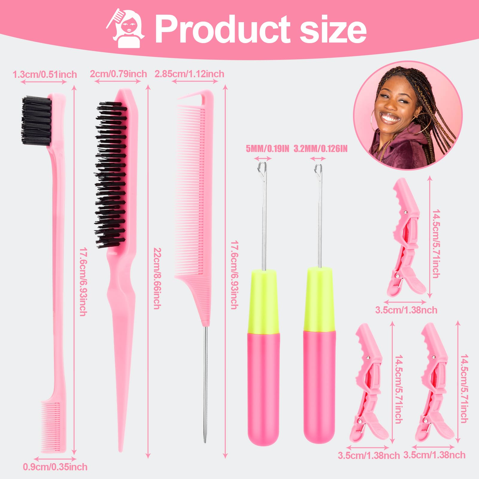 Premium Crochet Hooks Set for Passion Twist Hair Extensions - 2 Needles, Edge Brush, Bristle Brush, Rat Tail Comb & 3 Alligator Clips | Professional Hair Styling Tools for Braiding, Locs, and Protective Hairstyles at Home or Salon
