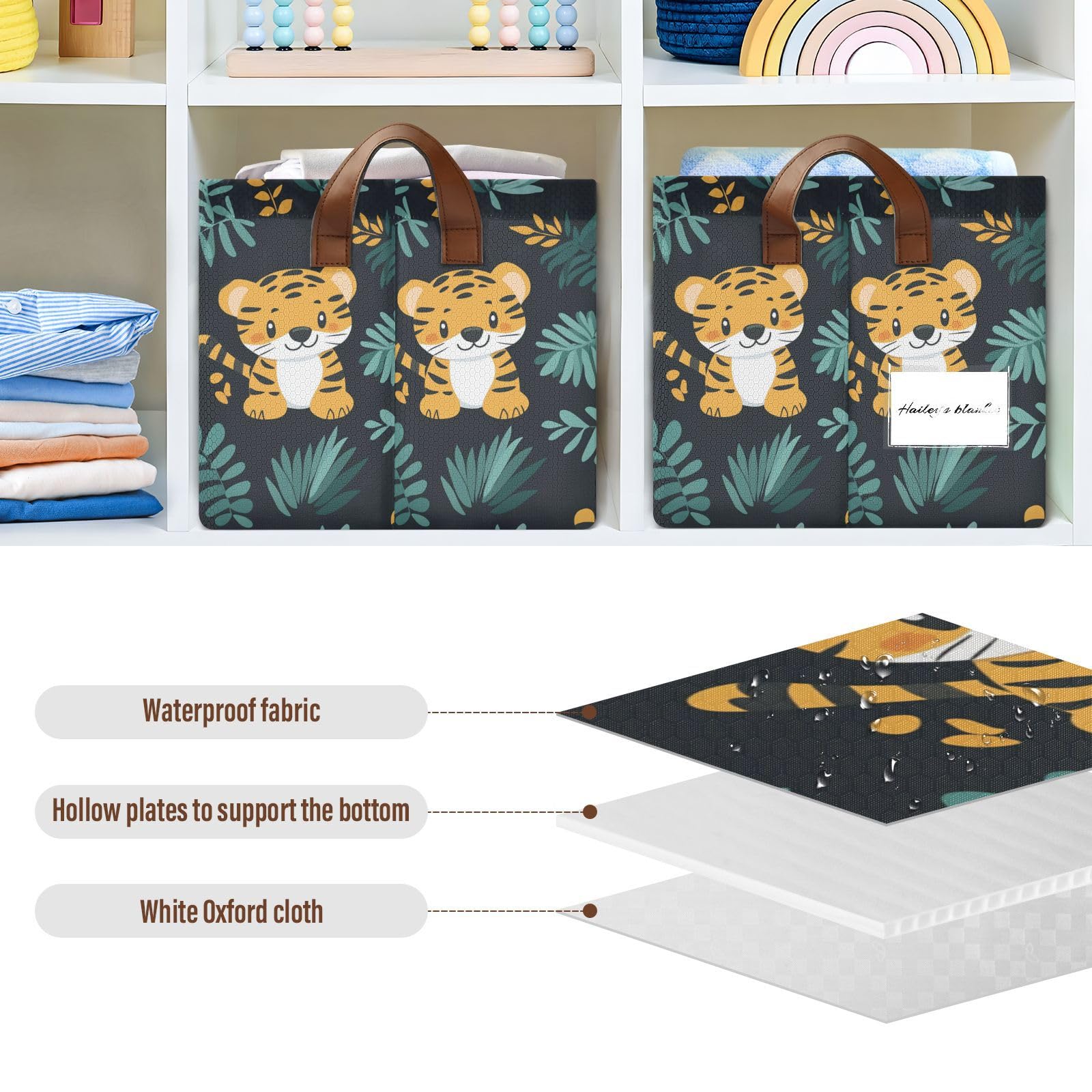 Collapsible Storage Baskets with Handles - Jungle Cute Animal Tigers Fabric Closet Organizer for Clothes, Pantry, Shelves & Drawers | Sturdy Desktop & Classroom Office Storage Solution for Home Organization