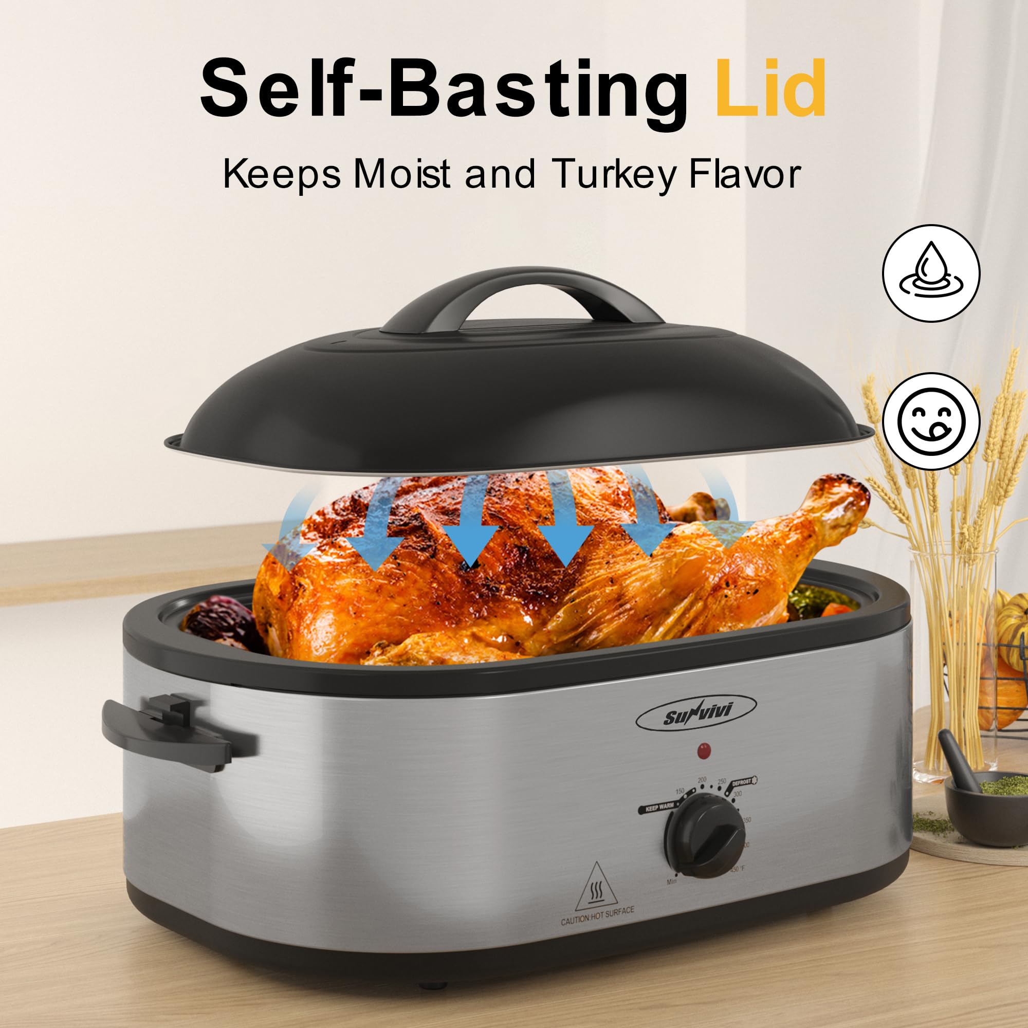 Sunvivi 24lb 20-Quart Electric Roaster Oven with Self-Basting Lid, Defrost/Warm Function & Removable Pan - Stainless Steel Turkey Roaster for Thanksgiving, Holiday Cooking & Large Family Gatherings