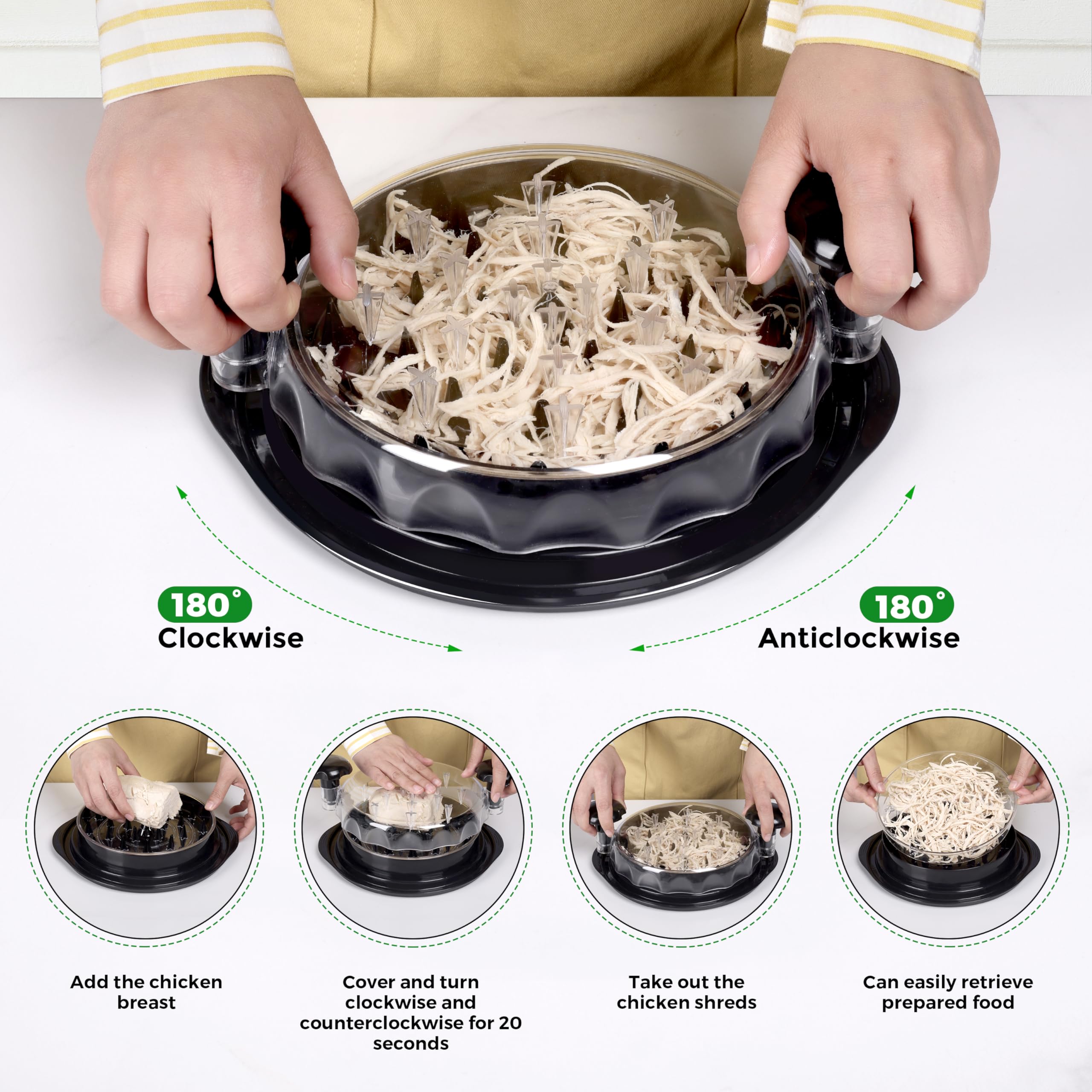 Professional Chicken Shredder Tool - Effortless Meat Shredder with Twist Function, Transparent Lid & Non-Slip Grip - Perfect for Pulled Chicken, Tacos, Sandwiches & Meal Prep