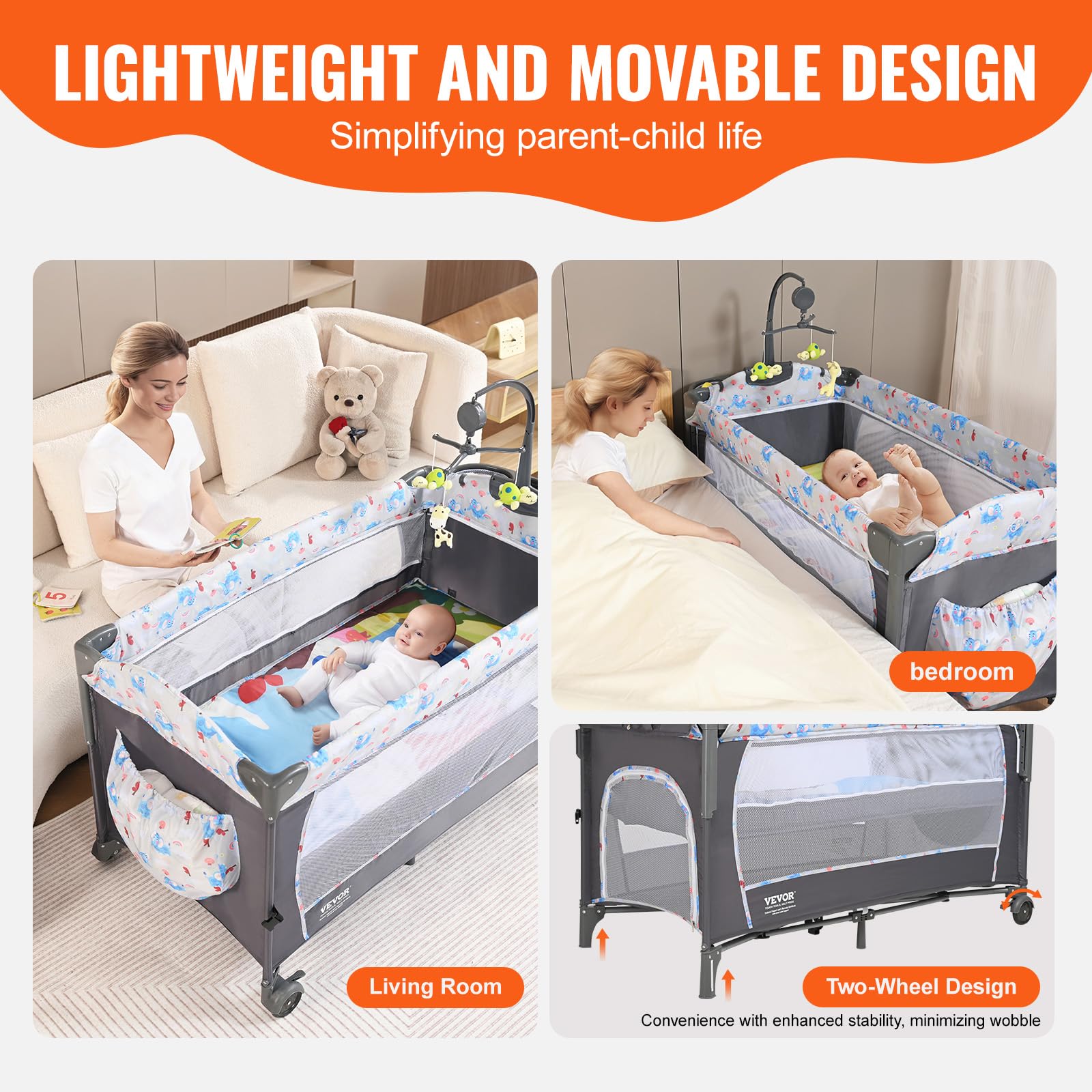 VEVOR Portable Baby Bassinet & Playard with Changing Table, Mosquito Net & Wheels - Foldable Bedside Sleeper Crib for Newborns & Infants - Perfect for Nursery, Travel & Co-Sleeping