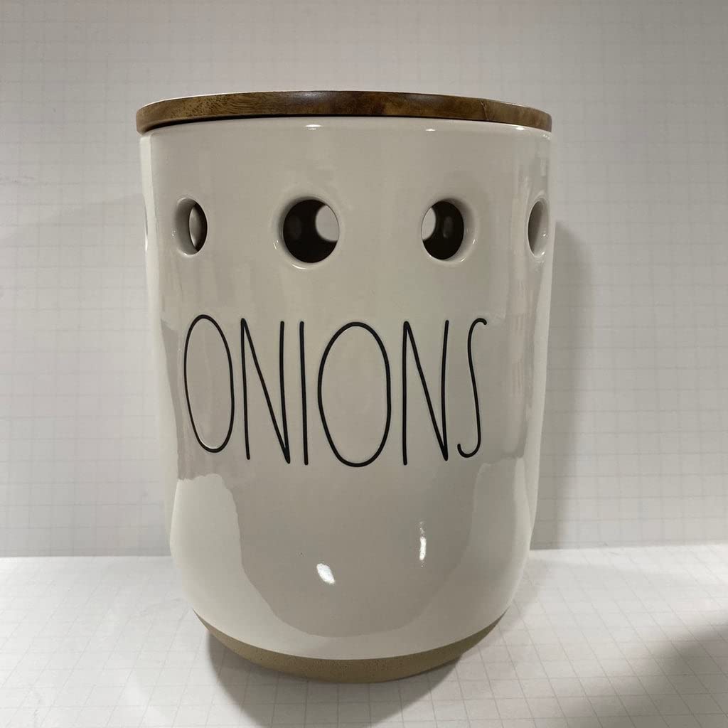 Rae Dunn ONIONS Cellar Ceramic Canister - New Edition - Farmhouse Kitchen Storage for Onions, Potatoes & Vegetables - Perfect for Pantry Organization & Rustic Home Decor