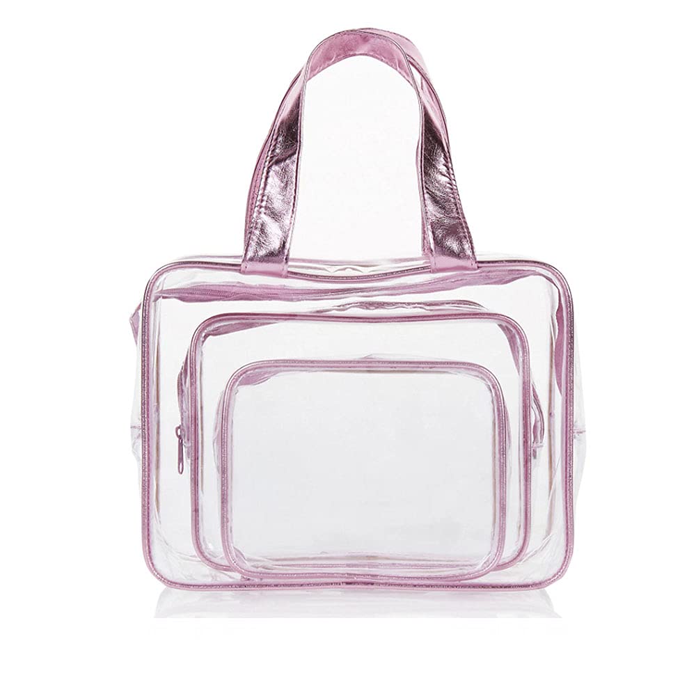 HUNYLONDON Pink Metallic 3-Piece Waterproof Transparent PVC Travel Cosmetic Bag Set - Perfect for Makeup, Toiletries & Wash Essentials on Vacation, Gym, or Daily Organizing