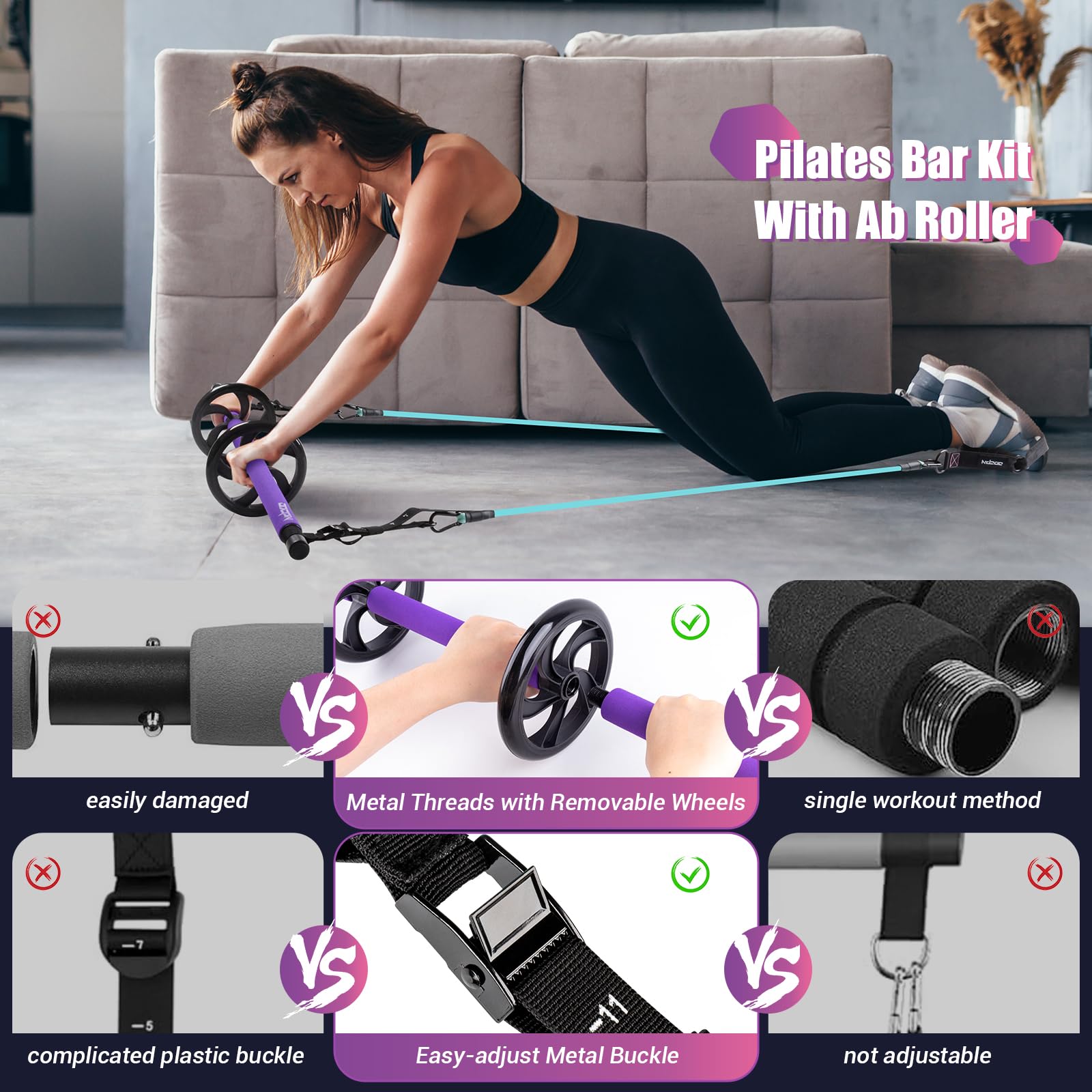 **Pilates Bar Kit with Resistance Bands - Multifunctional Exercise Bar & Ab Roller for Pilates, Abs, Weight Loss - Portable Home Gym Equipment for Full Body Workout - Ideal for Women's Fitness & Home Training**