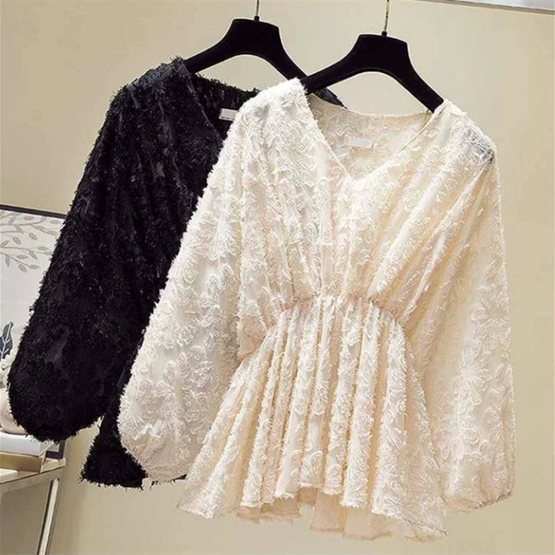 Elegant Lantern V-Neck Elastic Waist Top & Flocking Sleeve Blouse with Ankle-Length Pants - Women's Autumn Winter Two-Piece Set for Office, Party & Holiday Outfits