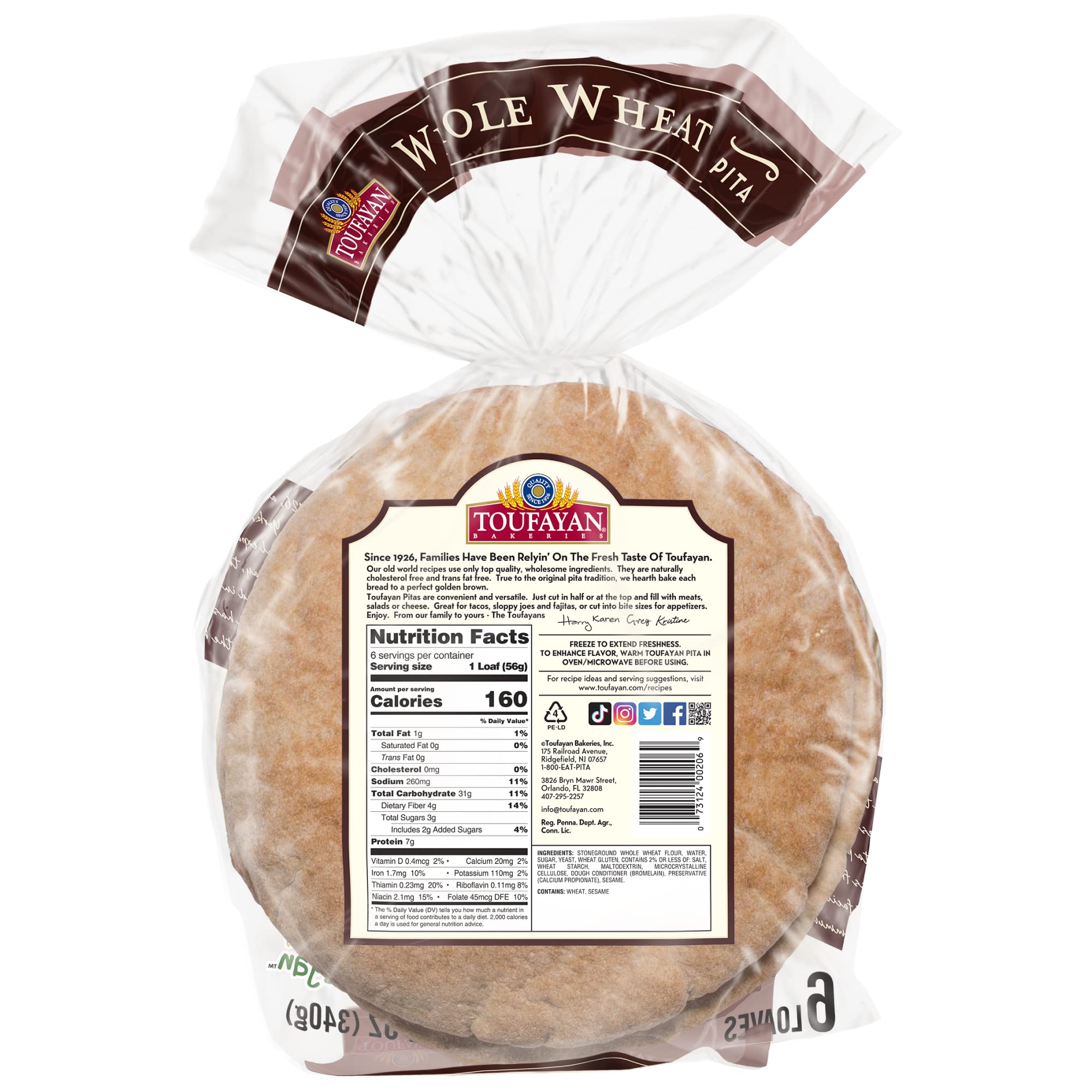 Toufayan Bakeries Whole Wheat Pita Bread - Vegan, Cholesterol Free, Kosher Certified (3 Pack, 18 Pitas) | Perfect for Sandwiches, Wraps & Mediterranean Meals