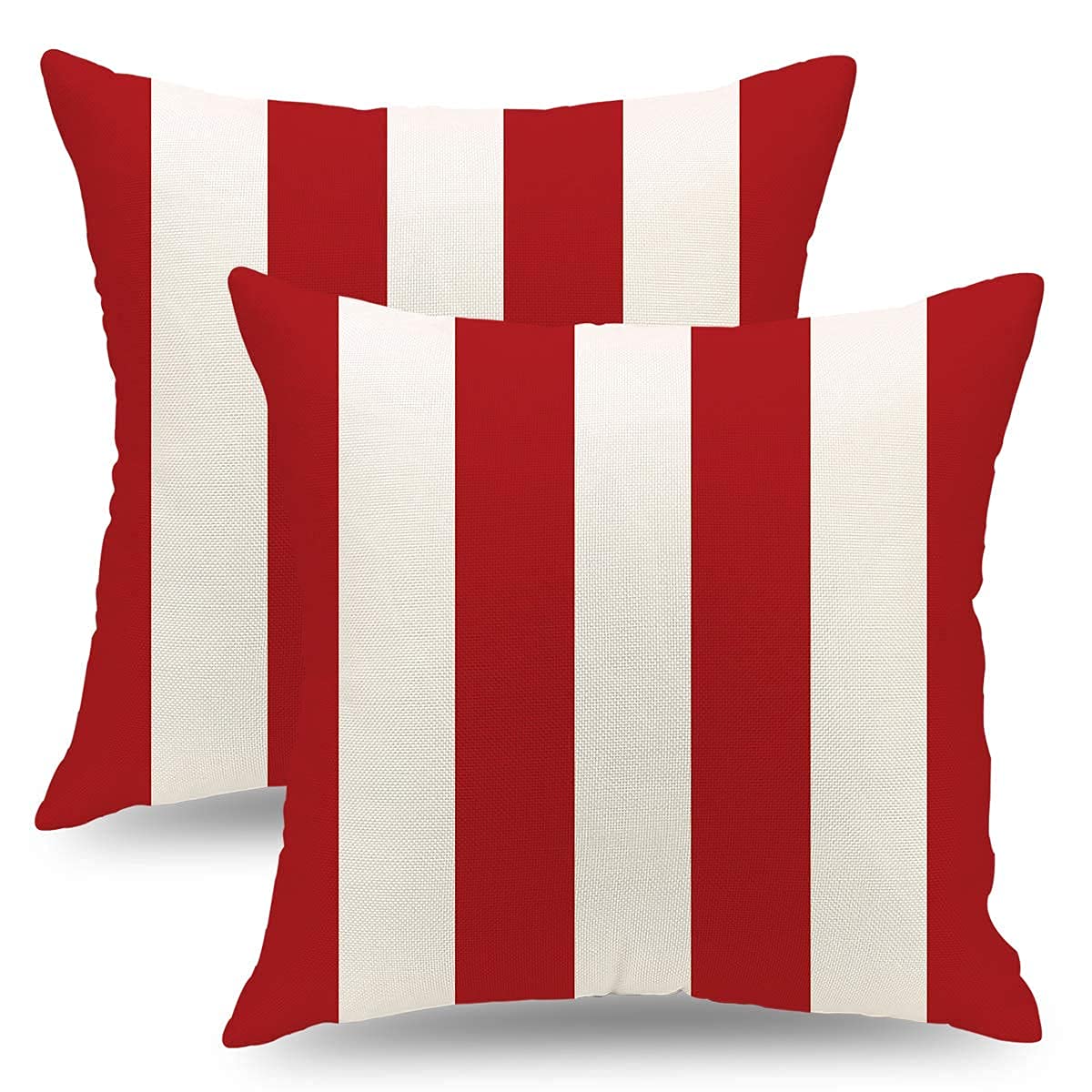 Set of 2 Red and White Striped Linen Throw Pillow Covers 18x18 Inch - Modern Farmhouse Decorative Square Cushion Cases for Sofa, Couch, Bed, Car & Living Room | Perfect for Home Decor, Cozy Reading Nook & Seasonal Styling