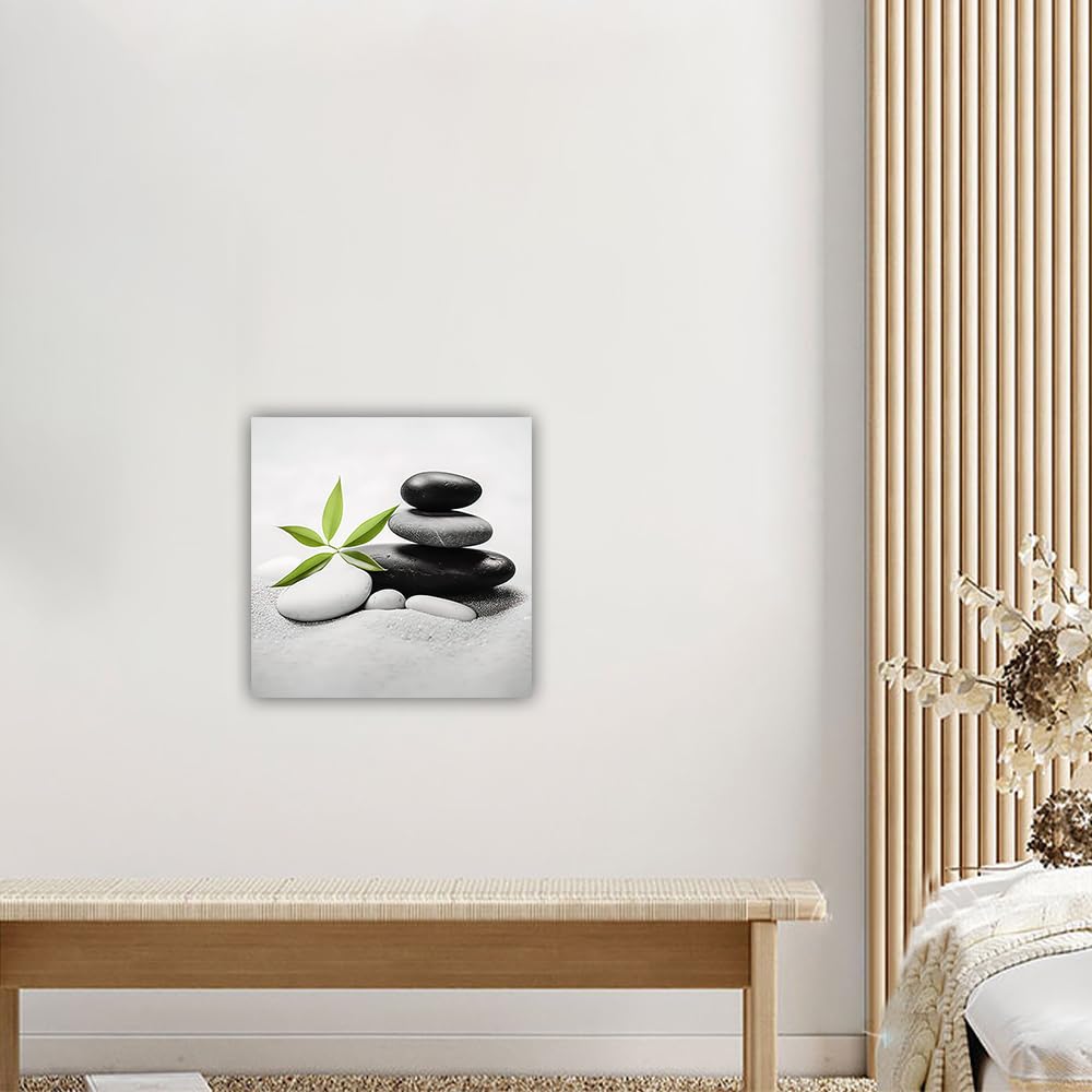 Zhouwallpic Zen Canvas Wall Art - Black & White Stone Bamboo Painting Nature Spiritual Print - Meditation Room Decor Framed Picture (28x28 Inch) - Perfect for Yoga Studios, Home Offices & Mindfulness Spaces