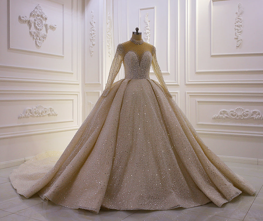 Elegant Long Sleeve Wedding Dress with Handcrafted Crystal Pearls - Perfect for Bridal Ceremonies, Formal Events & Luxury Occasions