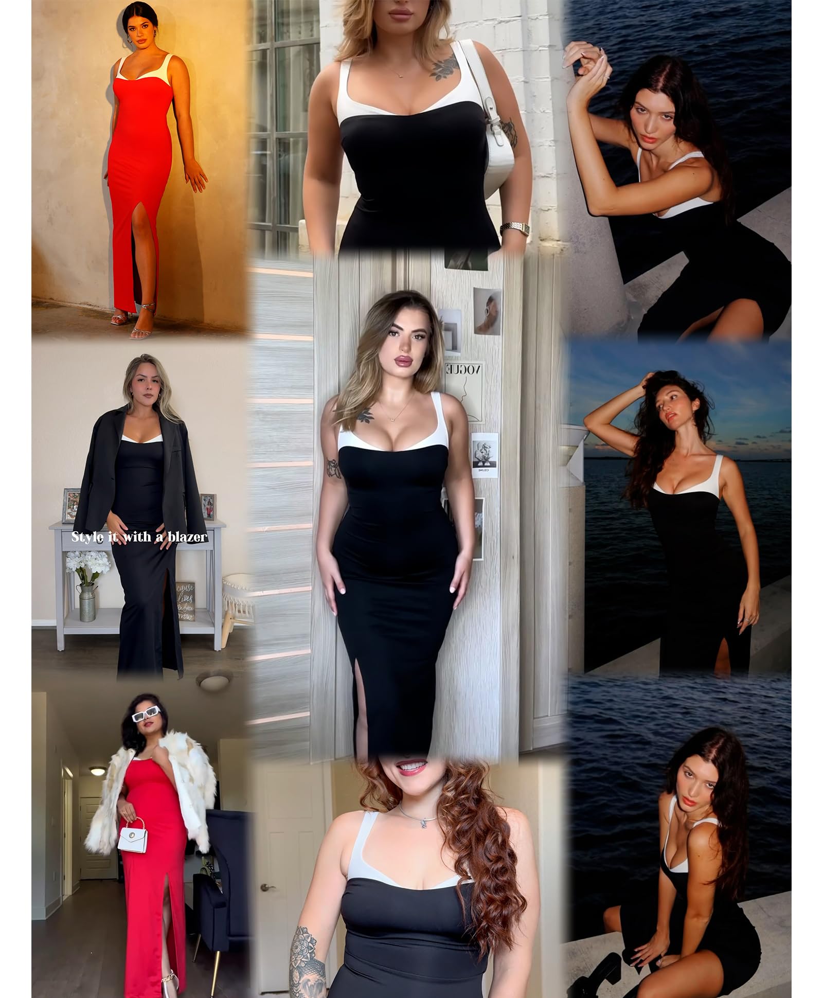 Popilush Shapewear Dress with Built-in Bra - Slimming Formal Maxi Bodycon Dress with Contrast Trim for Cocktail Parties & Evening Events | Perfect for Weddings, Date Nights & Special Occasions