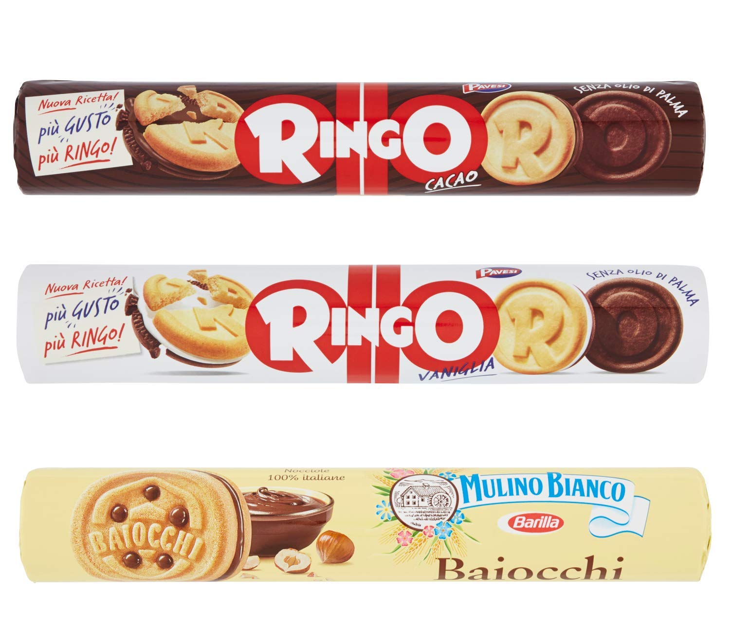 Mulino Bianco Baiocchi Pavesi Ringo Cocoa & Vanilla Tube Cookies - 3 Pack Italian Biscuits Snacks for Coffee, Dessert & Gifting