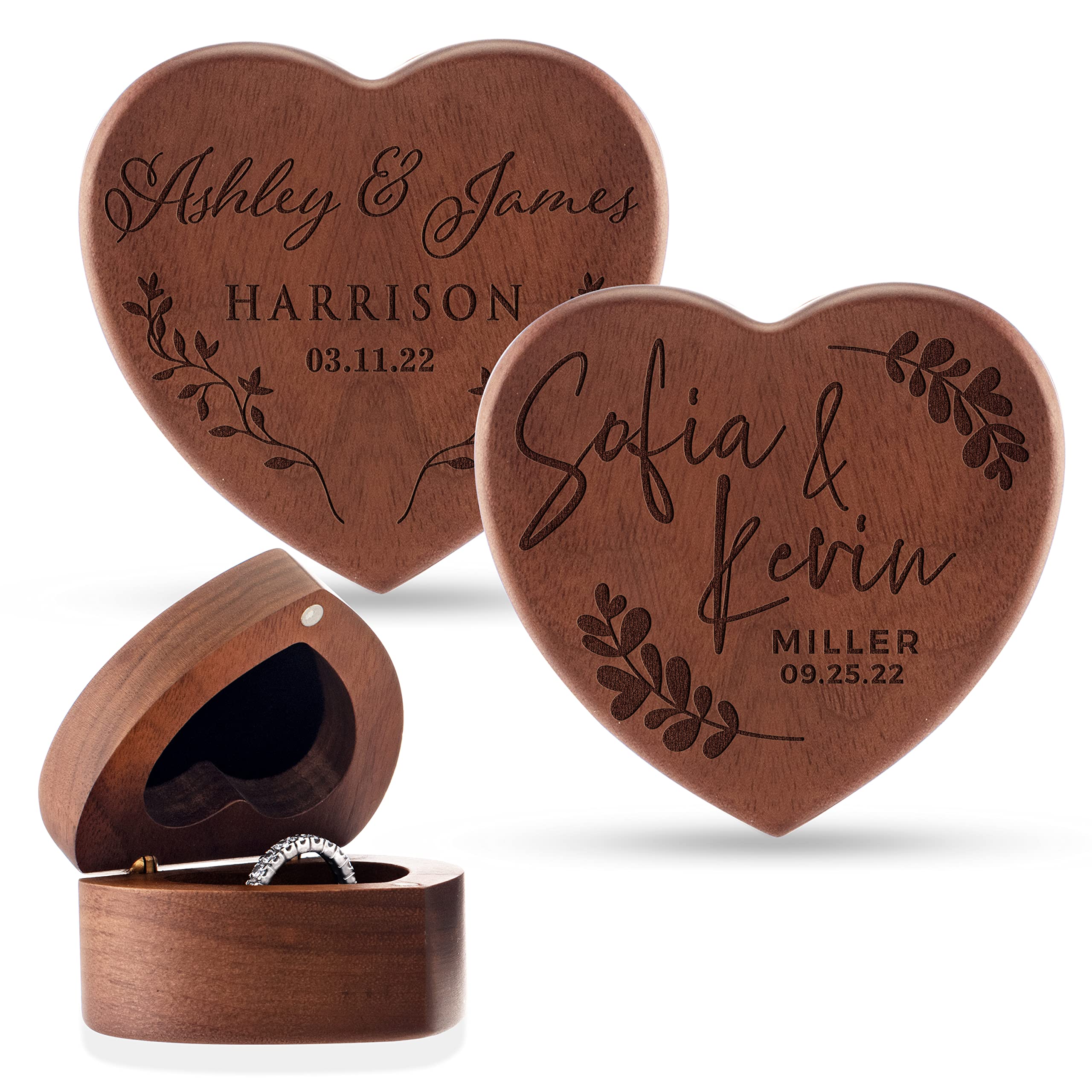 Personalized Wooden Ring Box - Custom Engraved Ring Bearer Box for Wedding & Proposal - Heart-Shaped Ring Holder with 8 Design Options - Perfect for Engagement Ceremonies, Vow Renewals & Anniversary Gifts - Family Name & Date Customization Available