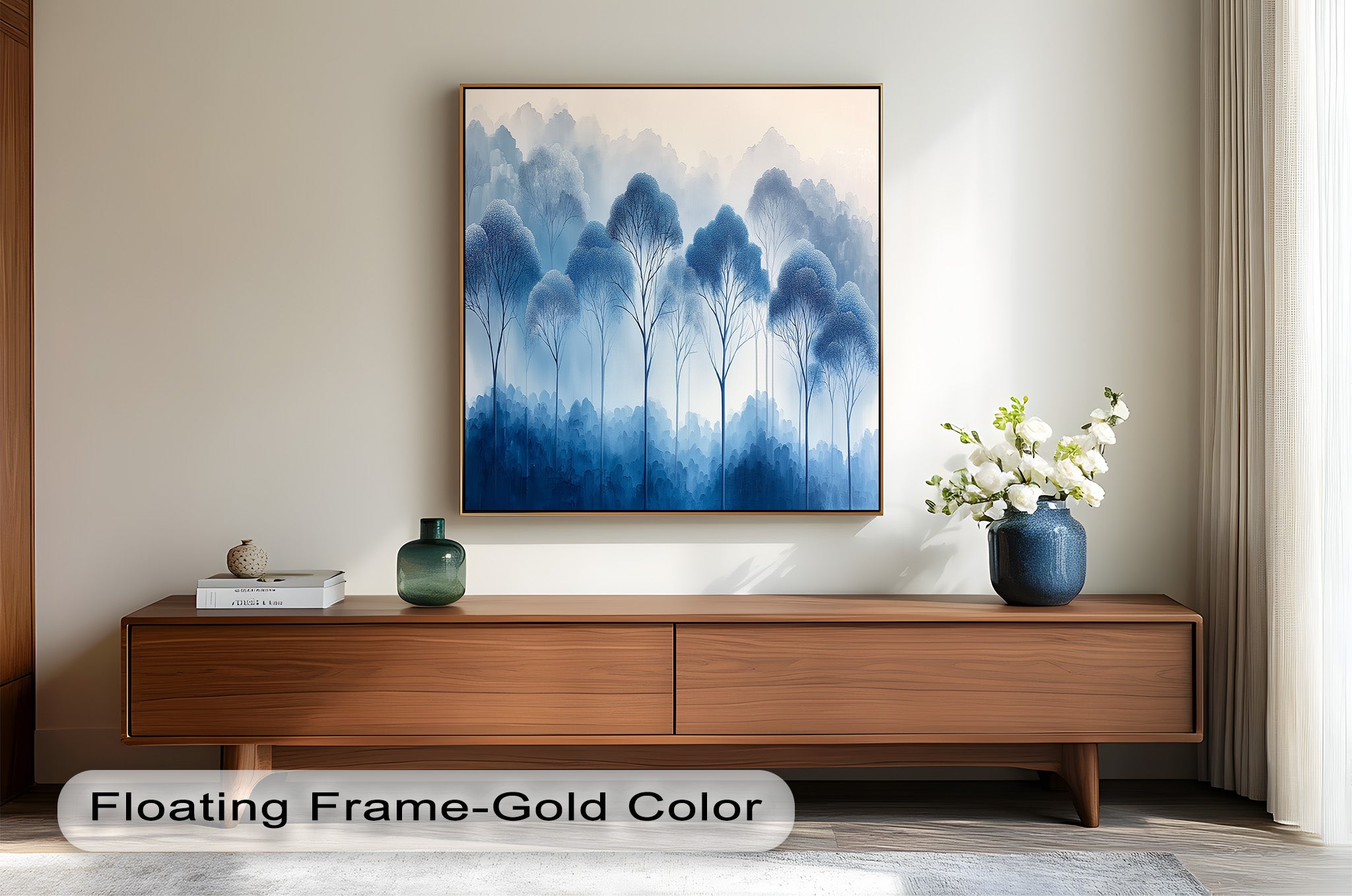 Blue Pine Trees Serene Misty Forest Oil Painting - Handmade Canvas Wall Art for Living Room, Bedroom & Office Decor