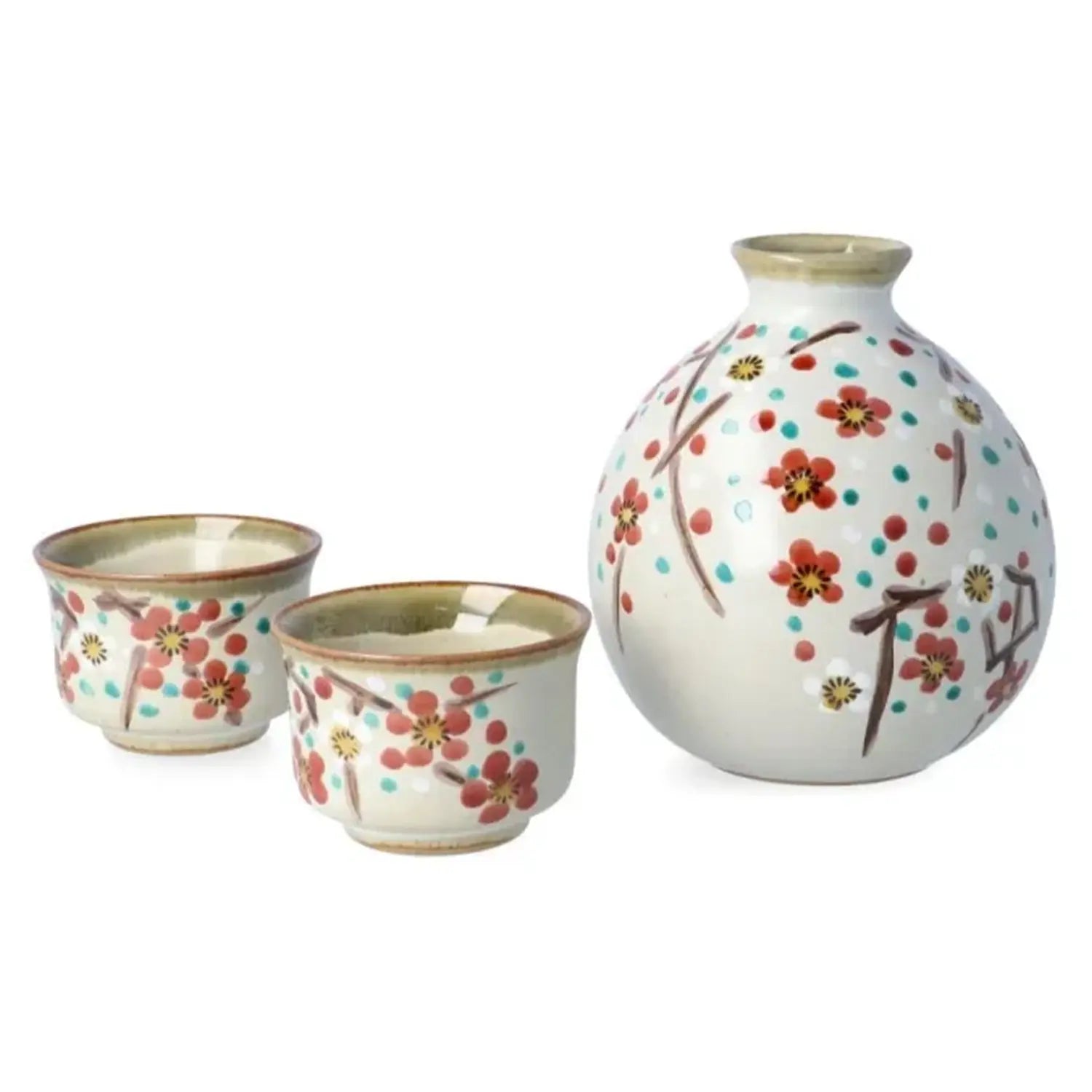 Authentic Japanese Kutani Ware Porcelain Sake Set Koume - Traditional Hand-Painted Ceramic Sake Cups & Flask for Home Entertaining & Gift Giving