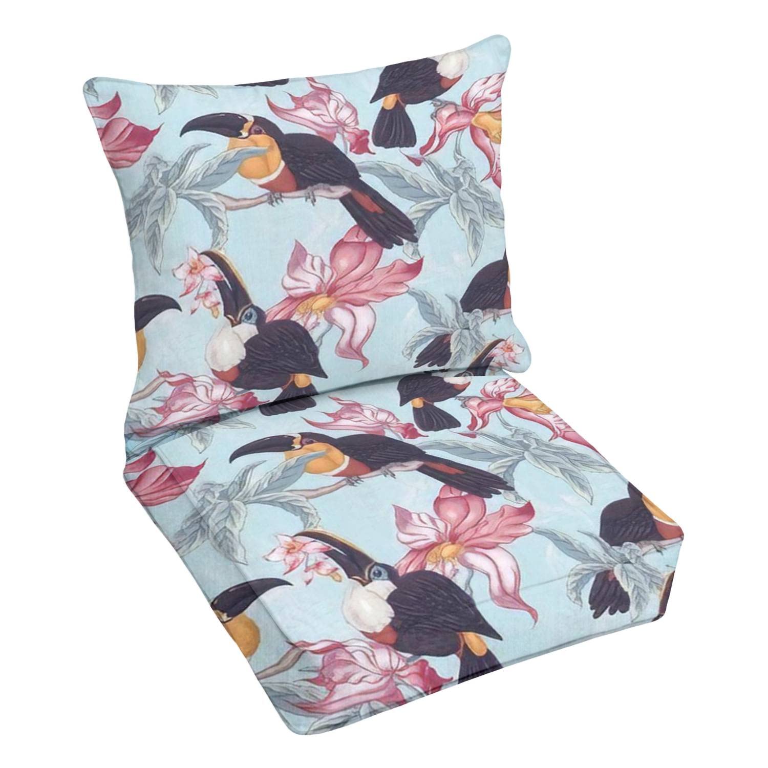 Premium Outdoor Deep Seating Cushion Set - Vintage Tropical Pattern with Exotic Flowers & Toucan Design - Waterproof Patio Furniture Replacement Cushions for Lounge Chairs - Perfect for Poolside, Garden, and Backyard Relaxation