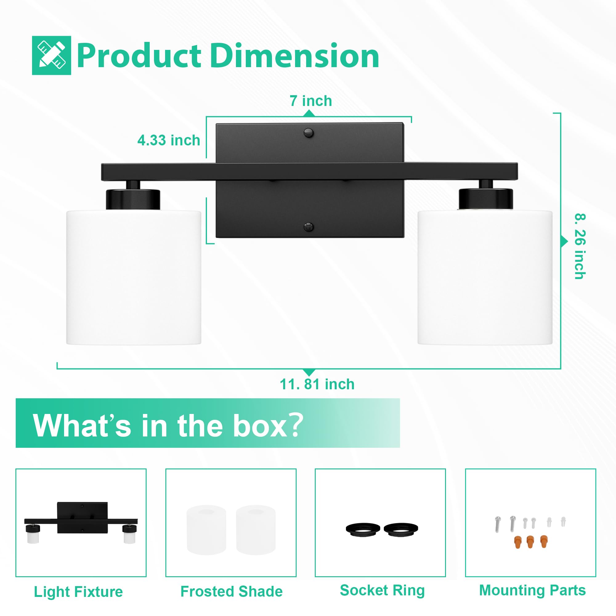 Modern Black Vanity Light - 2 Light Anti-Rust Bathroom Fixture for Mirror