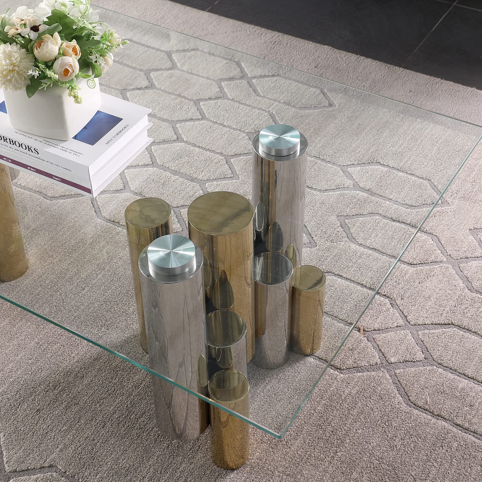 Luxury Clear Glass Coffee Table with Gold/Silver Irregular Stainless Steel Base - Modern Rectangular Living Room Center Table for Home & Office - Perfect for Cocktail Parties, Lounge Decor & Contemporary Interior Design