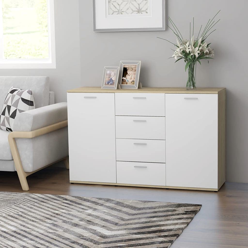 Modern Sideboard Cabinet for Entryway, Kitchen, Dining & Living Room - White & Sonoma Oak Storage Cabinet 47.2