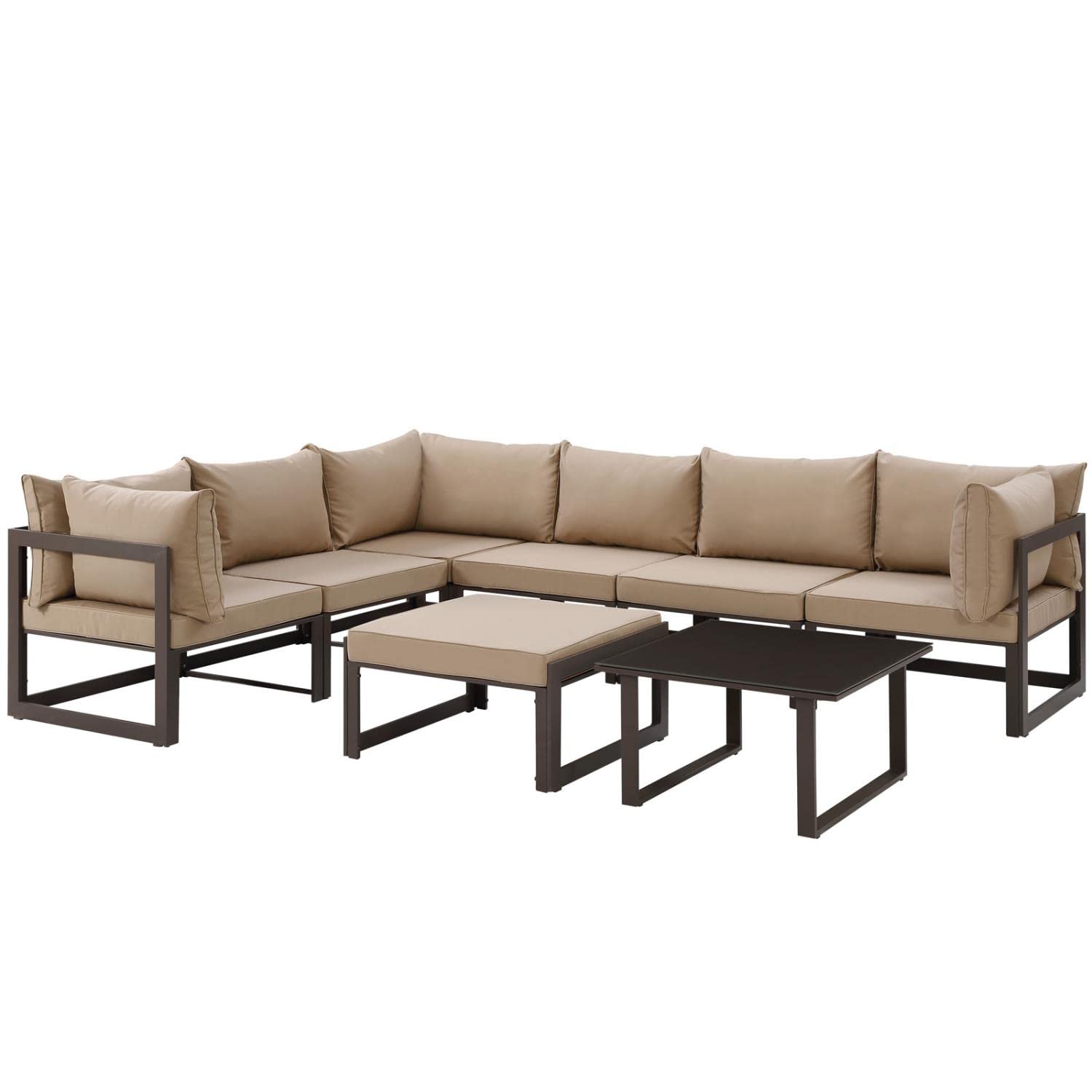 Modway Fortuna 8-Piece Aluminum Outdoor Patio Sectional Sofa Set with Brown Mocha Cushions - Weather-Resistant Garden Furniture for Backyard, Poolside & Terrace Relaxation