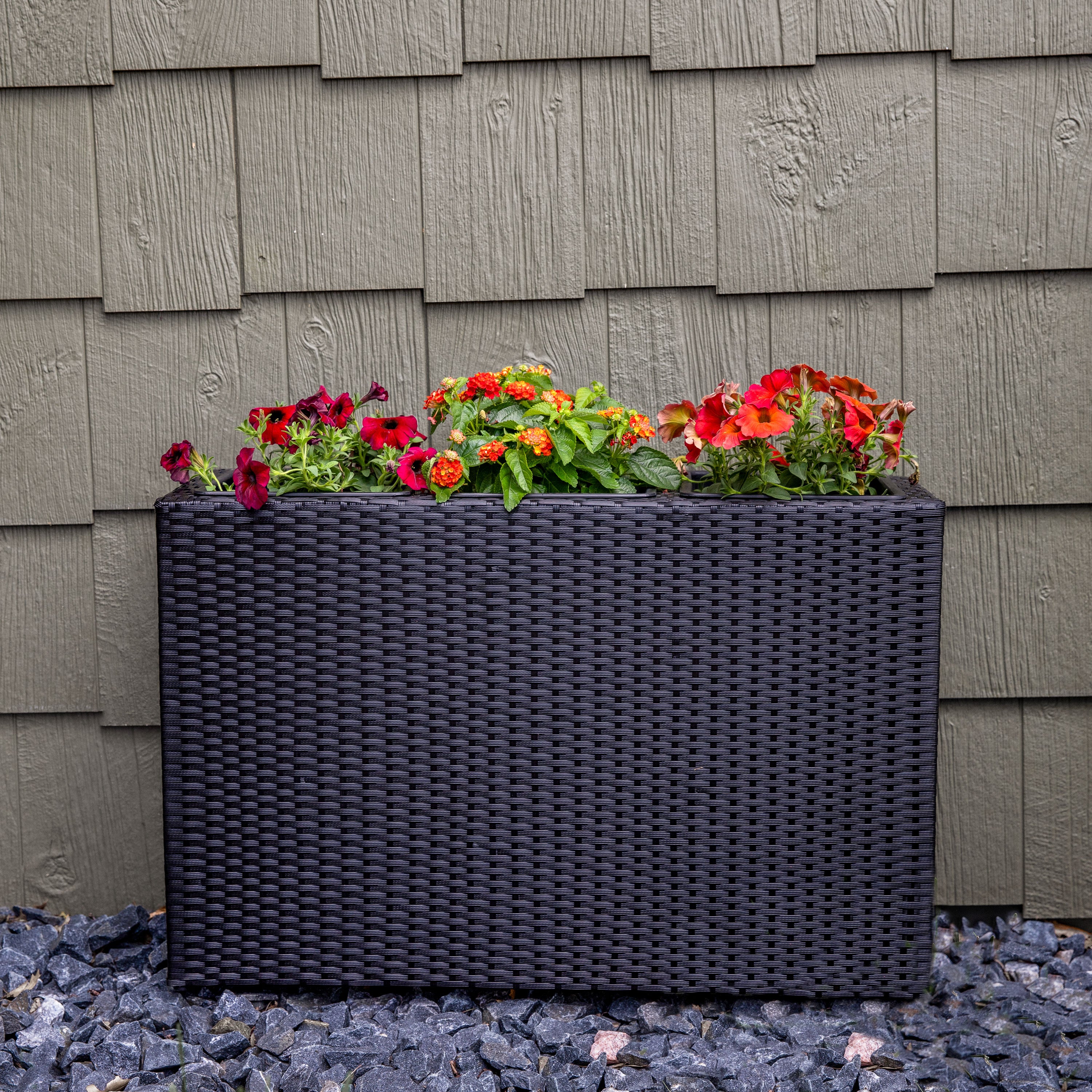 Sunnydaze 3-Section Black Wicker Planter Box for Indoor Outdoor Garden, Patio, Balcony Decor - Perfect for Flowers, Herbs, and Plants