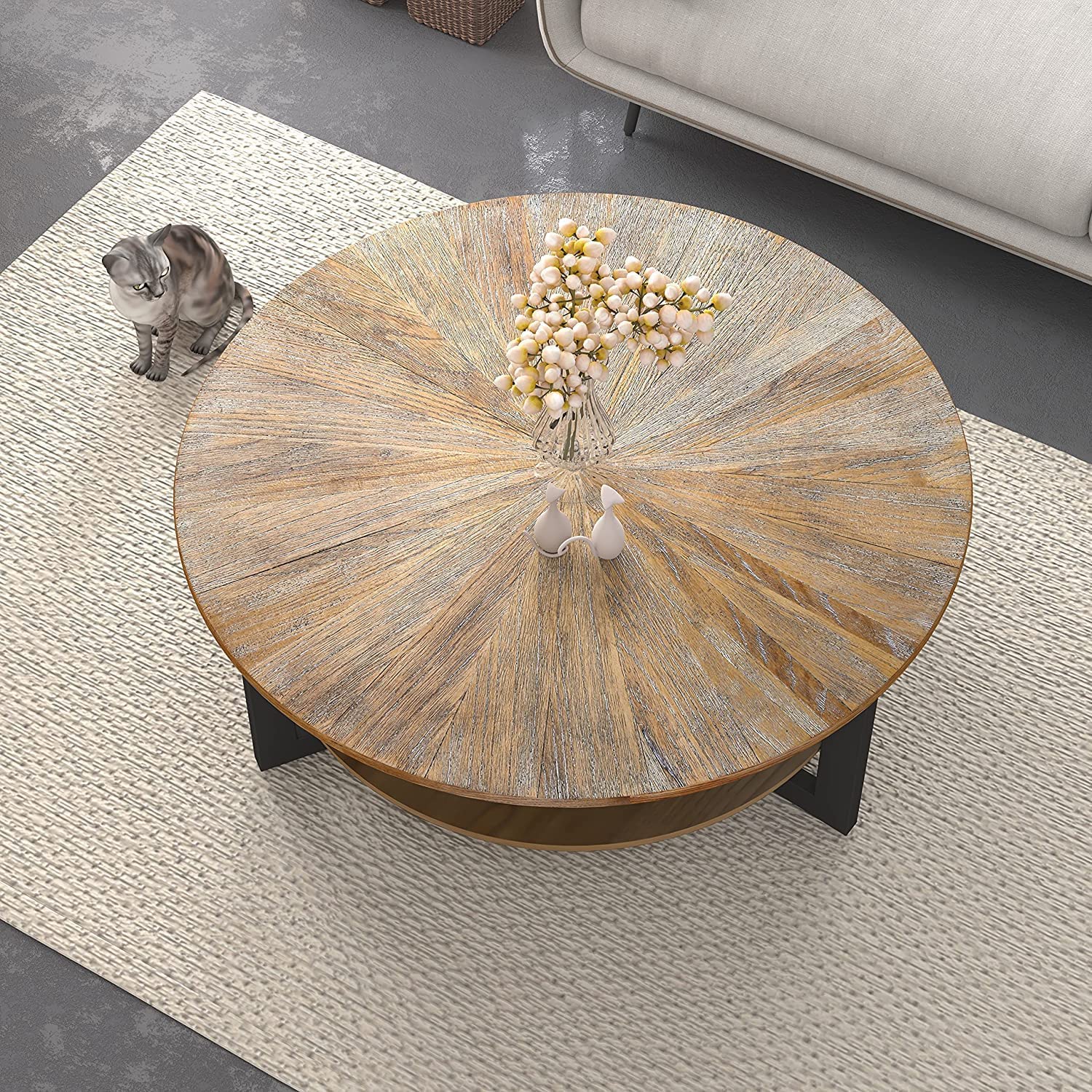 Solid Wood Round Coffee Table - Industrial Style Cocktail Table with Sturdy Wooden Top & Metal Legs for Living Room, Lounge, Office | Easy Assembly Modern Furniture for Home Decor