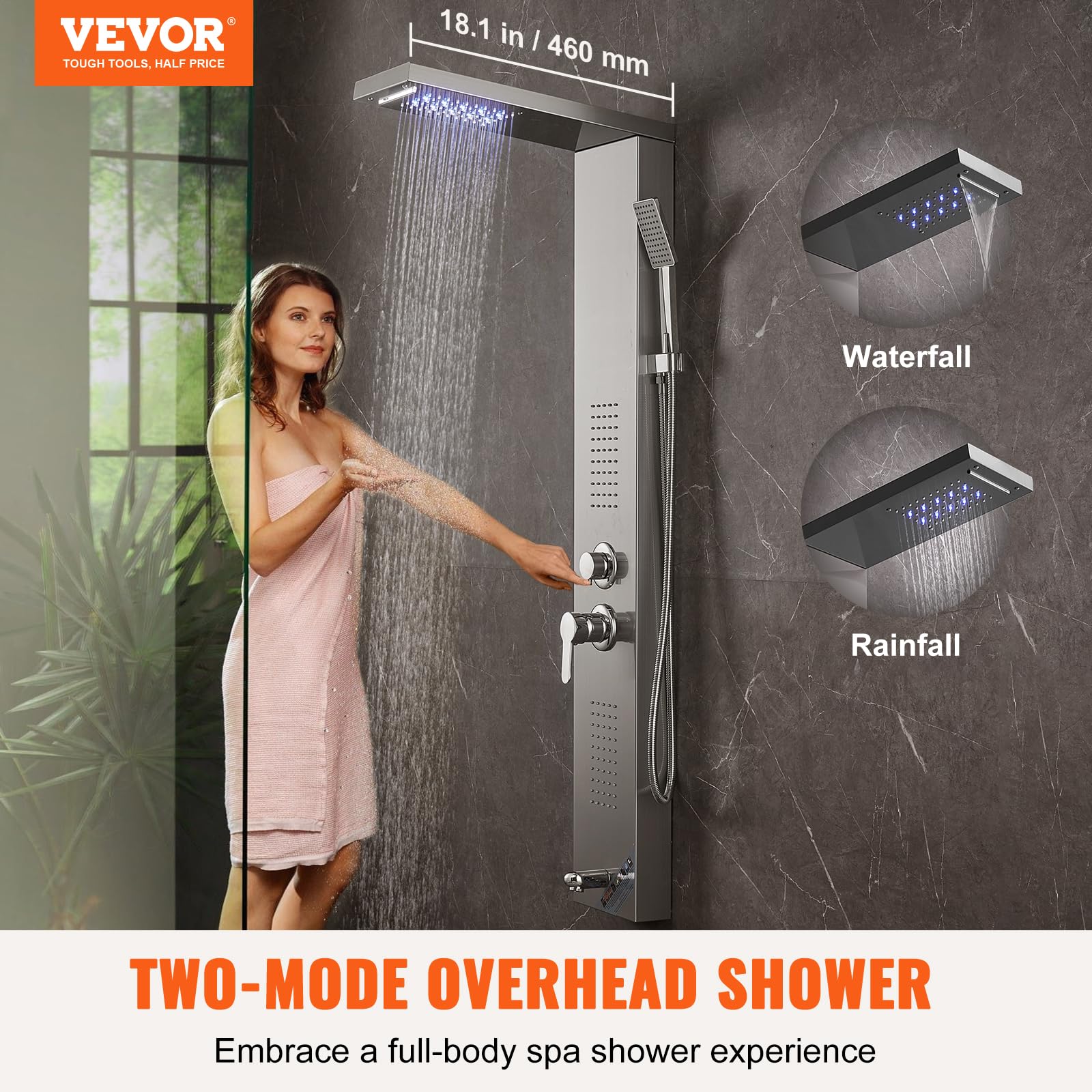 VEVOR Stainless Steel Shower Panel System with 5 Shower Modes - LED Rainfall Shower Head, Waterfall, 2 Body Massage Jets, Tub Spout & Handheld Shower with 59